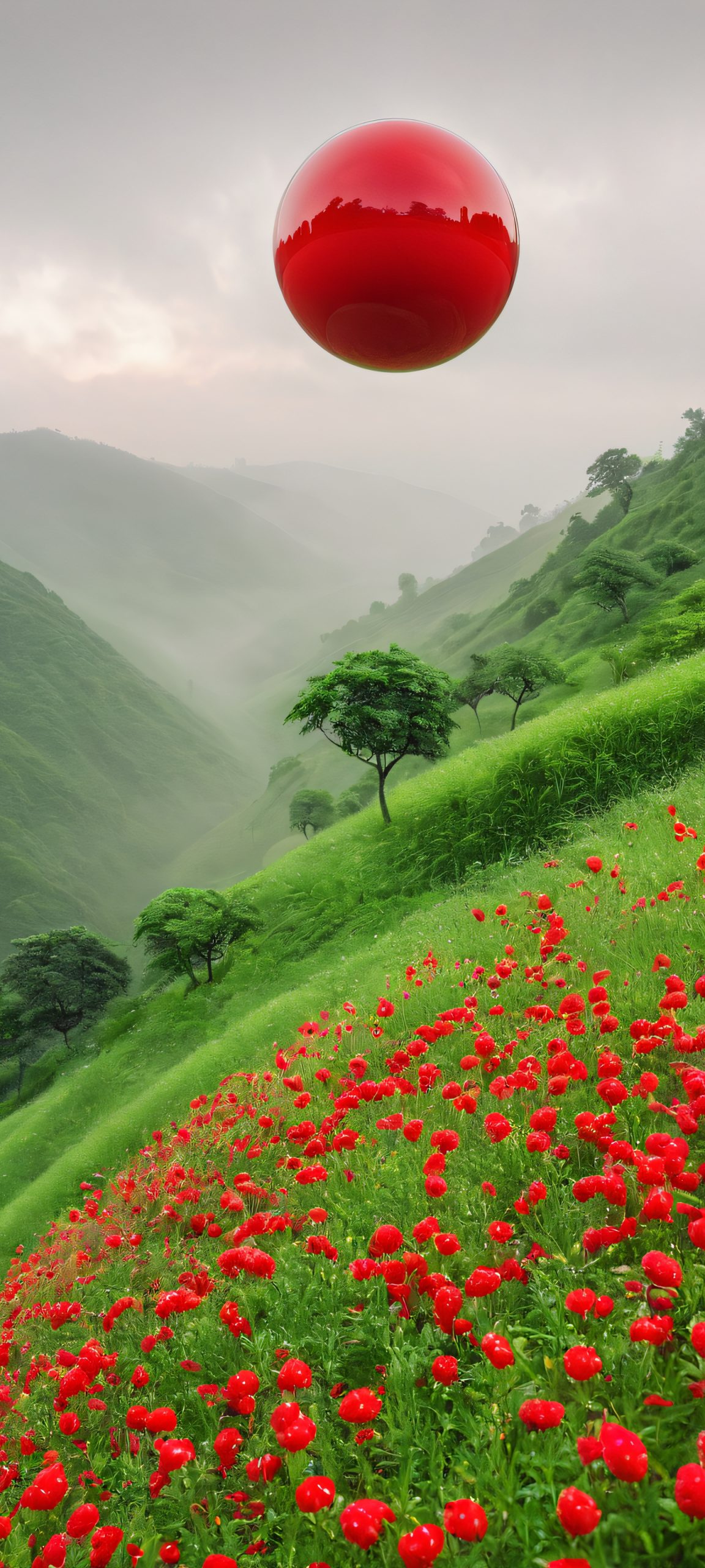surreal sunset red ball hillside scaled