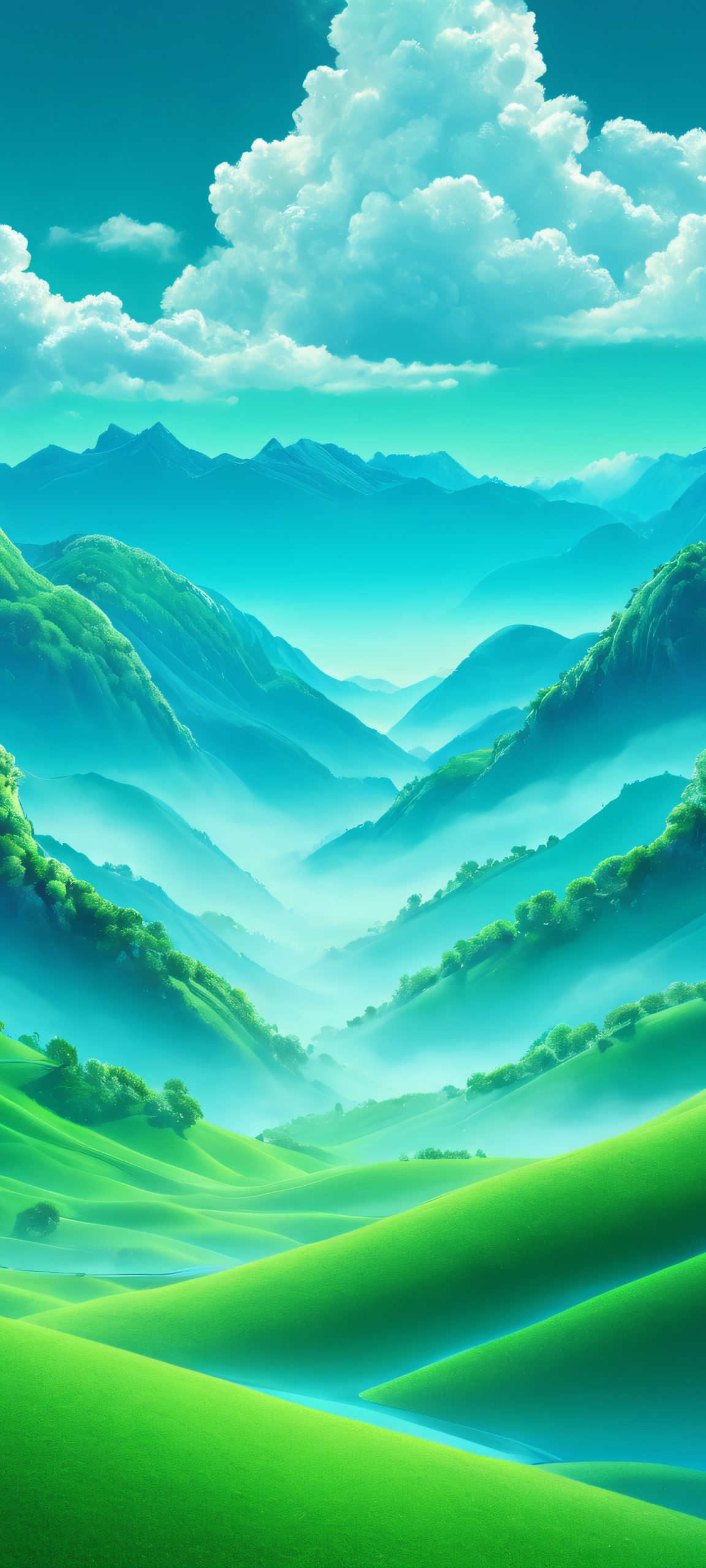 iPhone and Android wallpaper featuring a breathtaking surreal valley with soft green and blue hues, perfect for your mobile phone home screen.