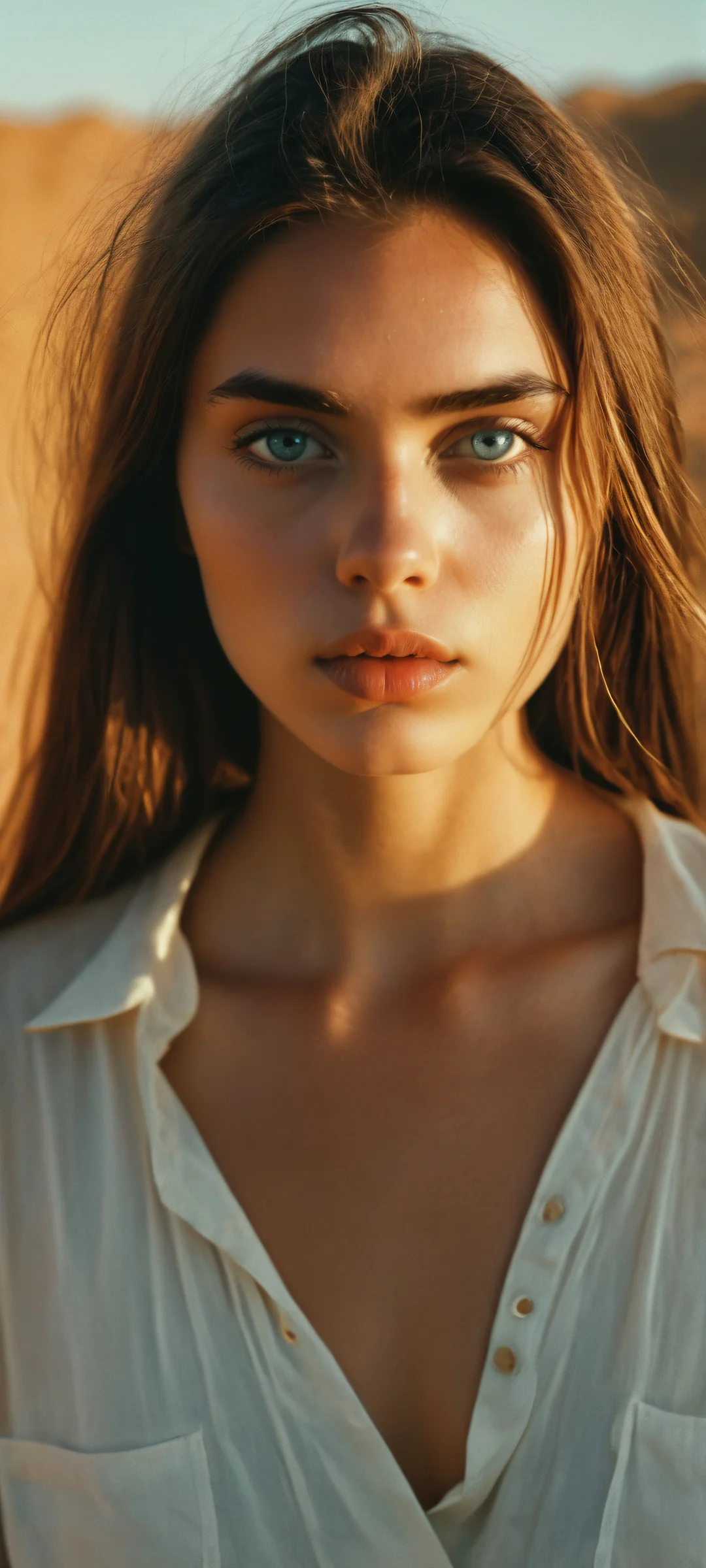 Three girls in a dreamlike desert landscape with floating geometric rocks, iPhone/Android wallpaper