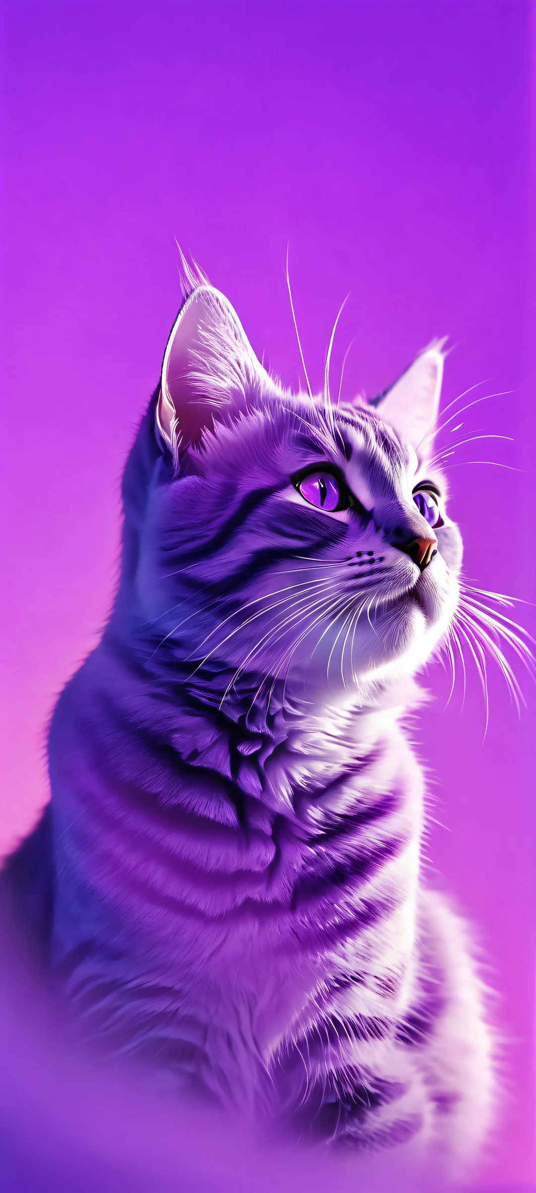 A dreamy cat emerges from a soft purple mist on an iPhone or Android device's home screen.