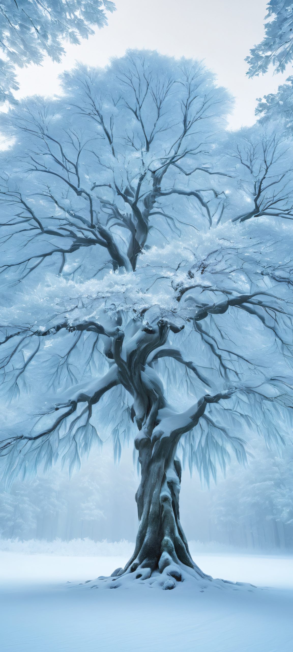 A serene and surreal Frozen Tree scene on a snowy forest backdrop, perfectly optimized for iPhone, Samsung Galaxy, and Android home screens.