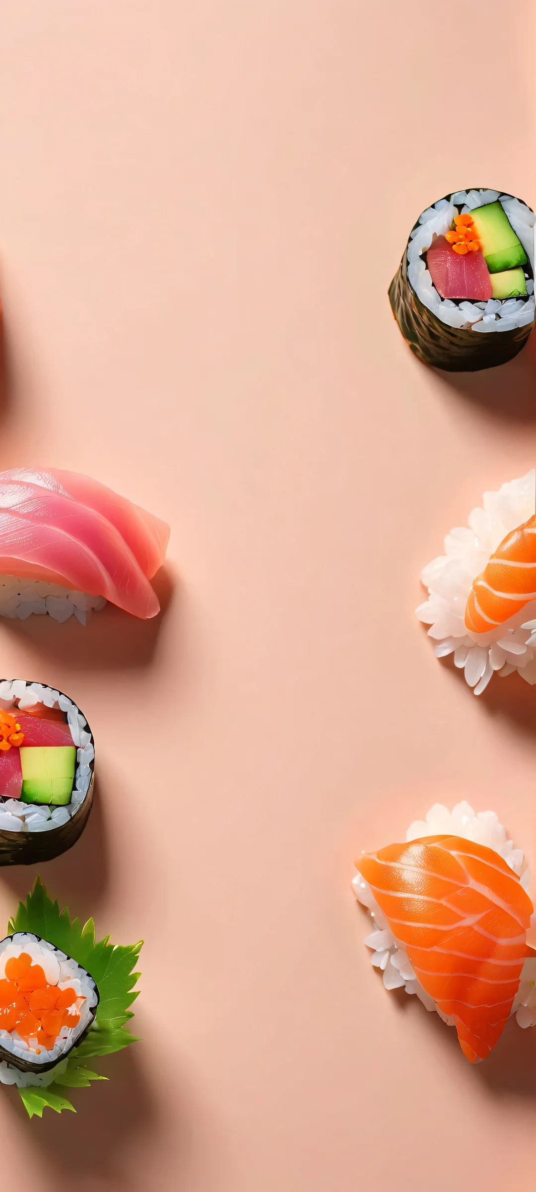 Delightful sushi-themed mobile wallpaper for iPhone and Android devices featuring a serene studio setting with green, brown, and pink tones.