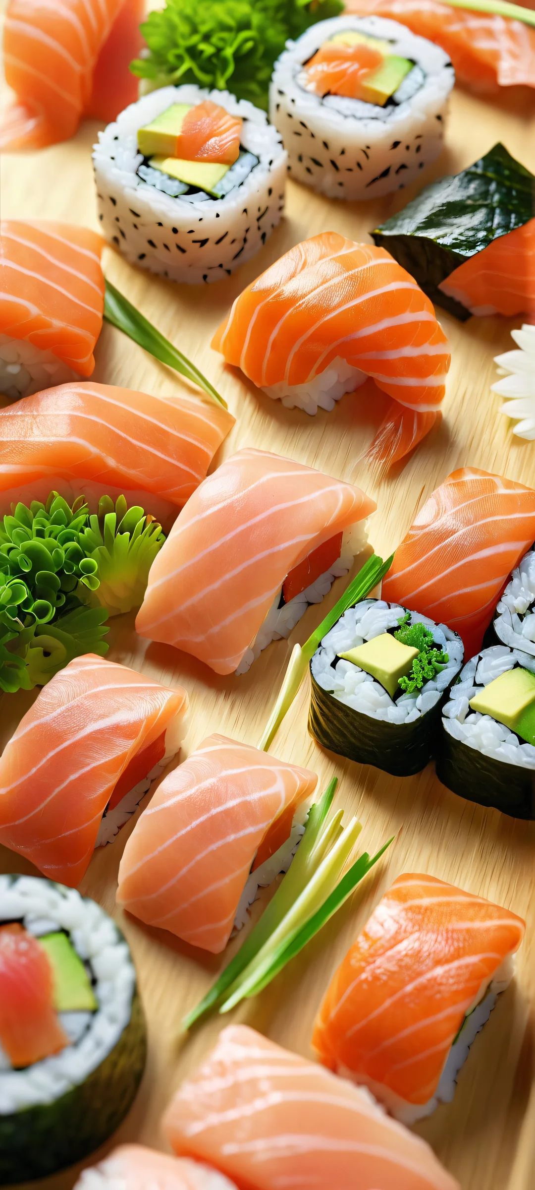 A stunning sushi platter on a studio backdrop, featuring vibrant salmon and green tones. Perfect for iPhone or Android home screens.