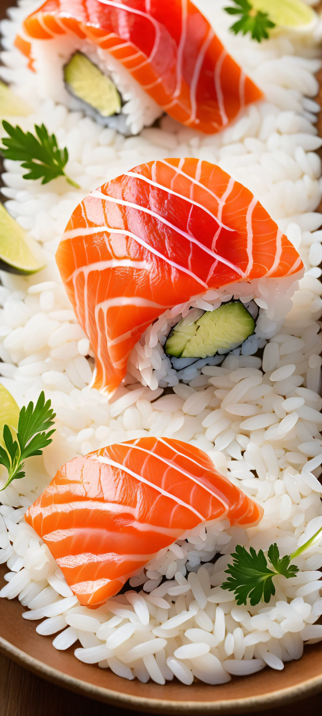 Fresh sushi platter on a pristine glass plate with salmon, rice, and soy sauce details. Perfect for iPhone/Android home screens.