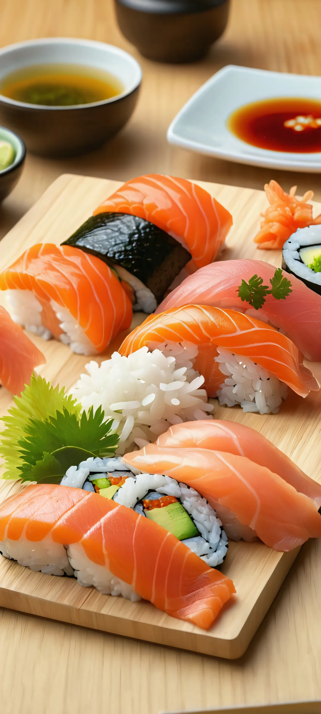 A stunning sushi platter on a kitchen setting against a studio-quality lighting backdrop, perfectly optimized for iPhone and Android home screens.