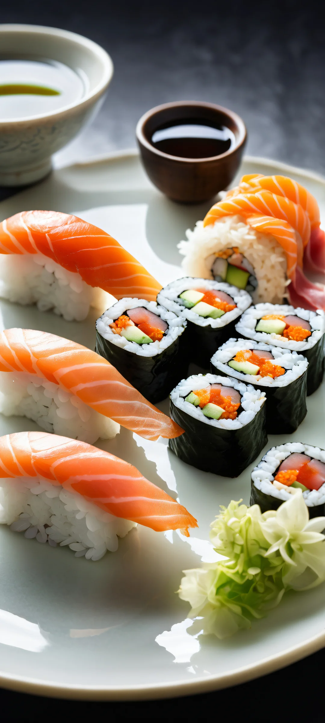 A stunning sushi platter on a table setting, perfectly optimized for iPhone and Android home screens.