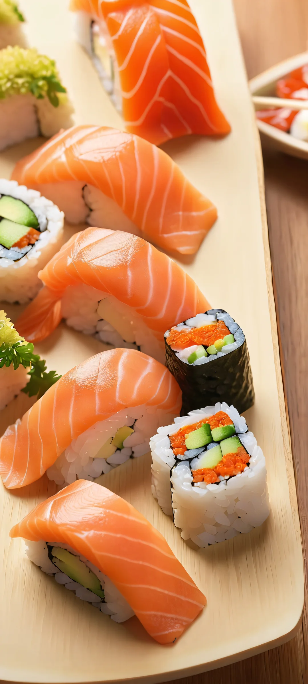 Sushi Masterpiece iPhone & Android Wallpaper A stunning vertical mobile wallpaper of a sushi platter, perfectly optimized for iPhone and Android home screens.