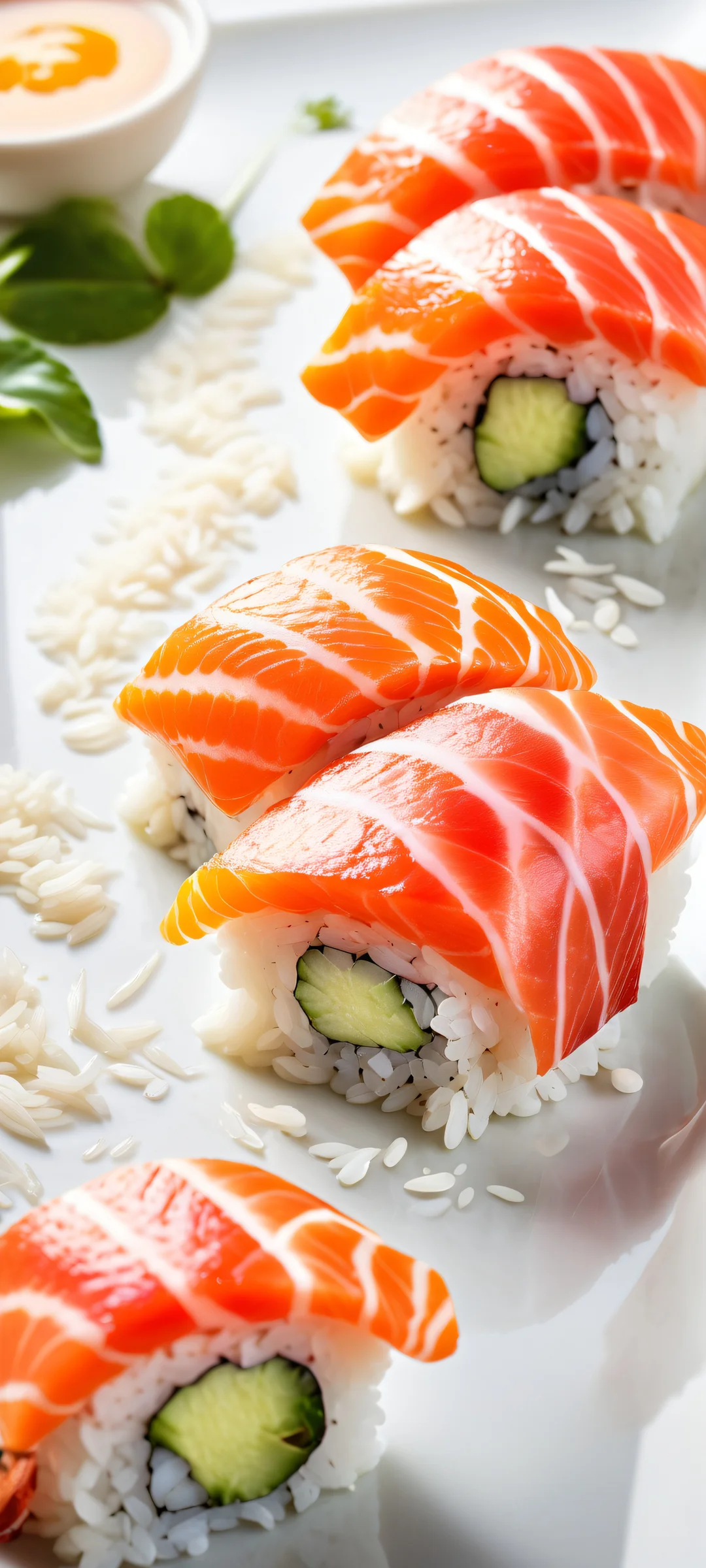 Delightful iPhone and Android wallpaper featuring a stunning sushi platter with glistening salmon, delicate rice texture, and subtle reflections.