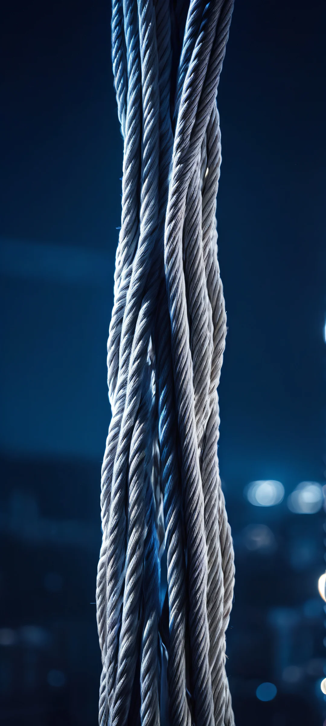 iPhone/Android users will love this stunning vertical wallpaper featuring suspension cables at night, showcasing a masterpiece of depth and field with Dark Blues and Neon Whites.