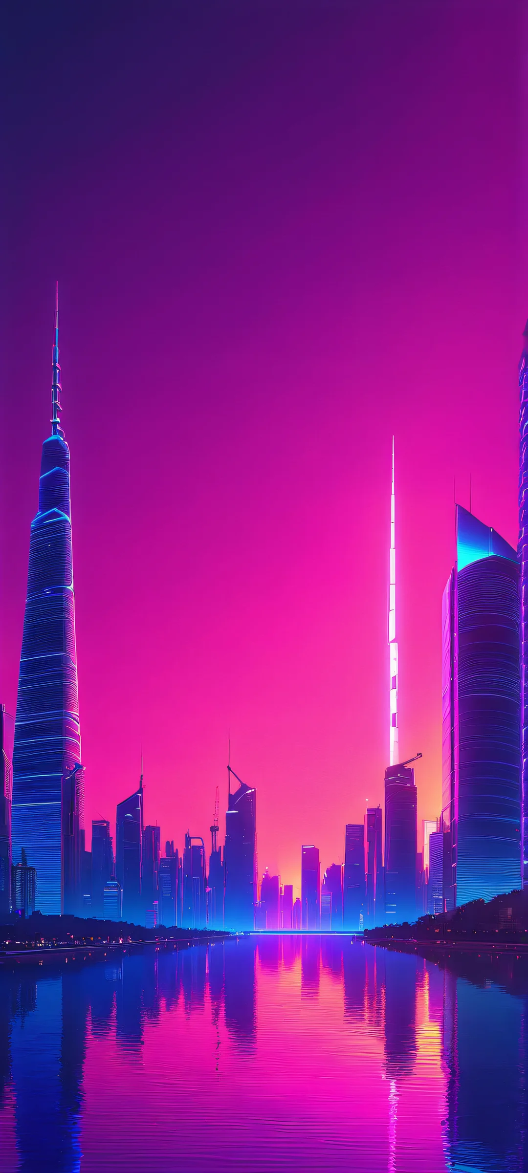 Synthwave Cityscape at Dusk iPhone & Android Wallpaper A vibrant city skyline at sunset, with neon pink and electric blue hues glowing brightly, perfect for iPhone/Android home screens.