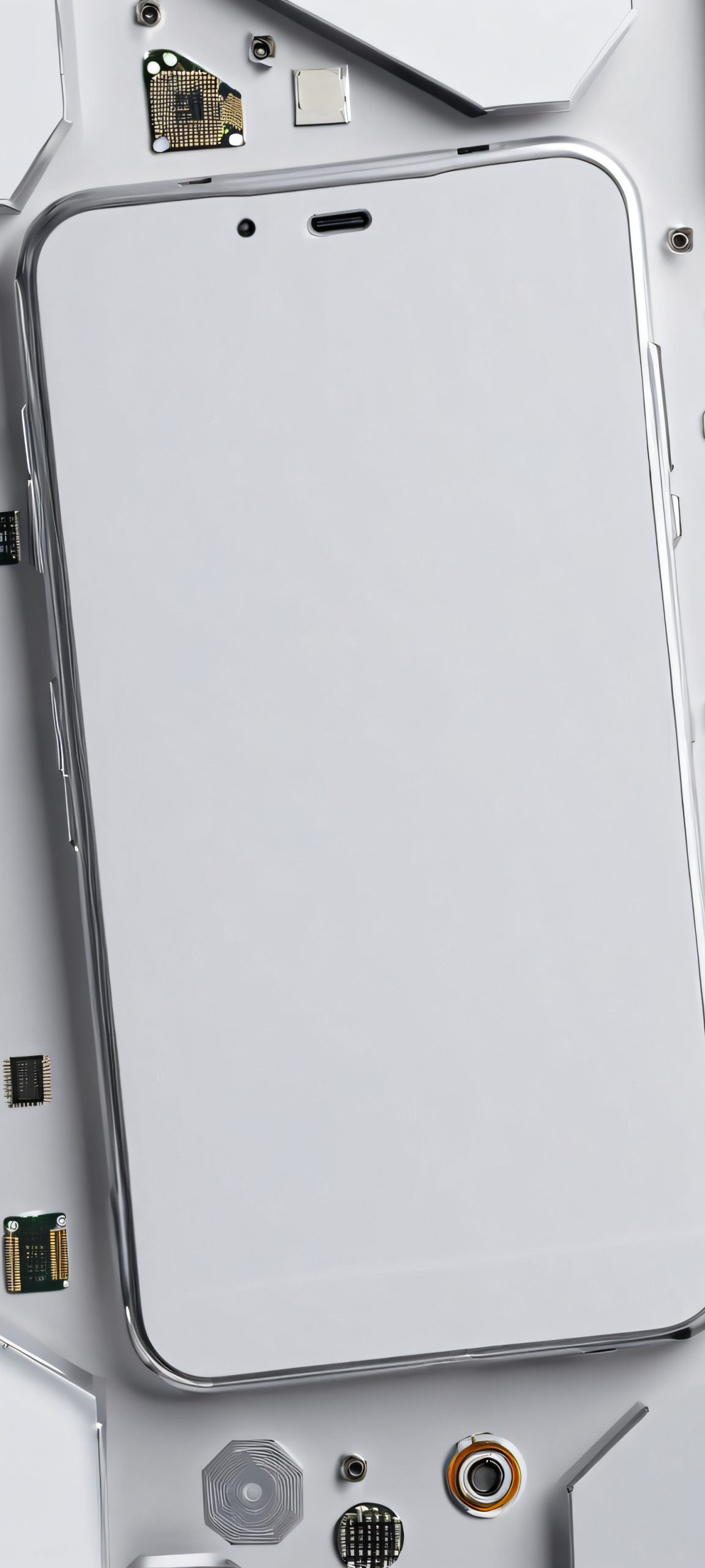 iPhone and Android users, immerse yourself in a serene computer components workshop, featuring metallic silver, deep gray, and bright white hues.