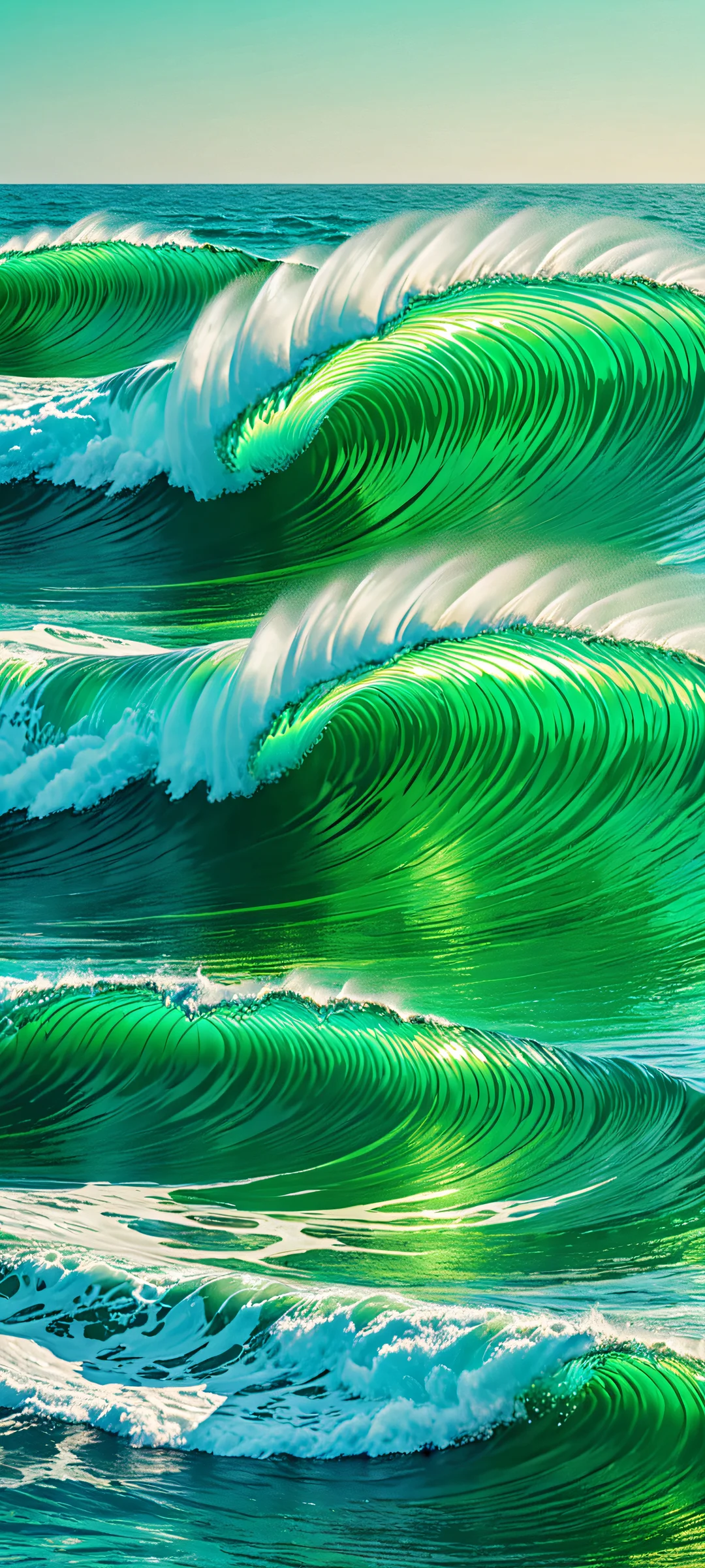 Breathtaking digital art of waves on a green background, perfectly optimized for iPhone and Android home screens.