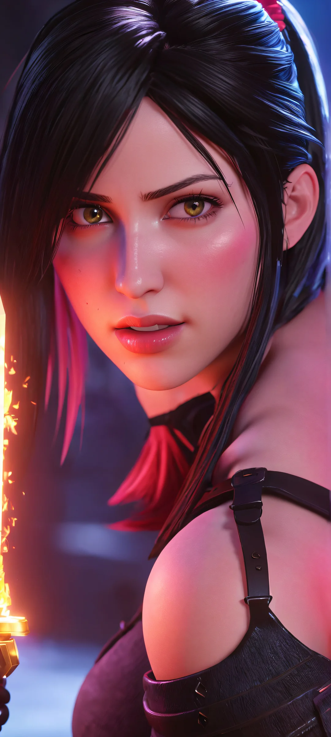 iPhone and Android users can now experience the intense power of Tifa Lockhart in this stunning digital art piece, featuring a skeletal berserker aura surrounded by neon hues.