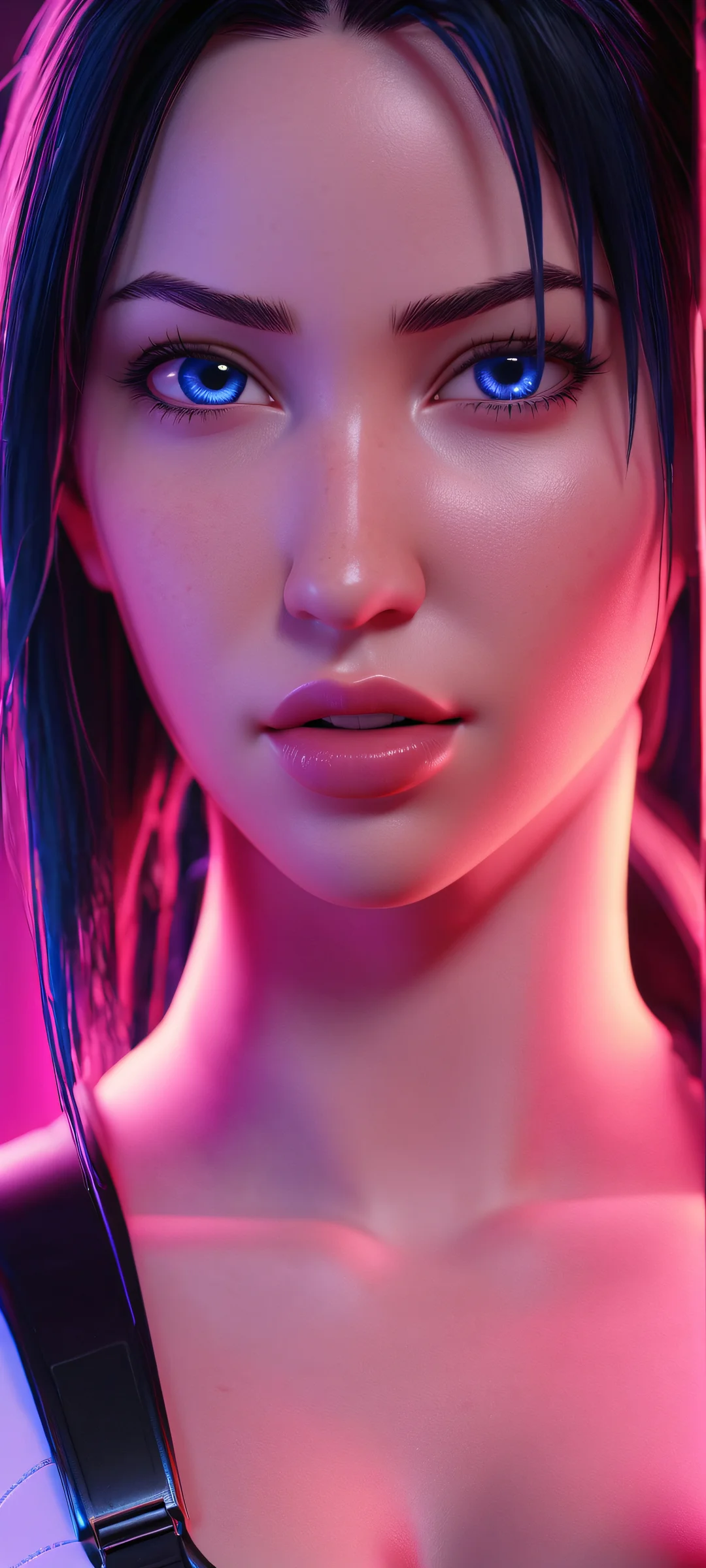 Tifa Lockhart's Neon Oasis 2K QHD Mobile Wallpaper A stunning image of Tifa Lockhart surrounded by neon circuits, perfect for iPhone and Android home screens.