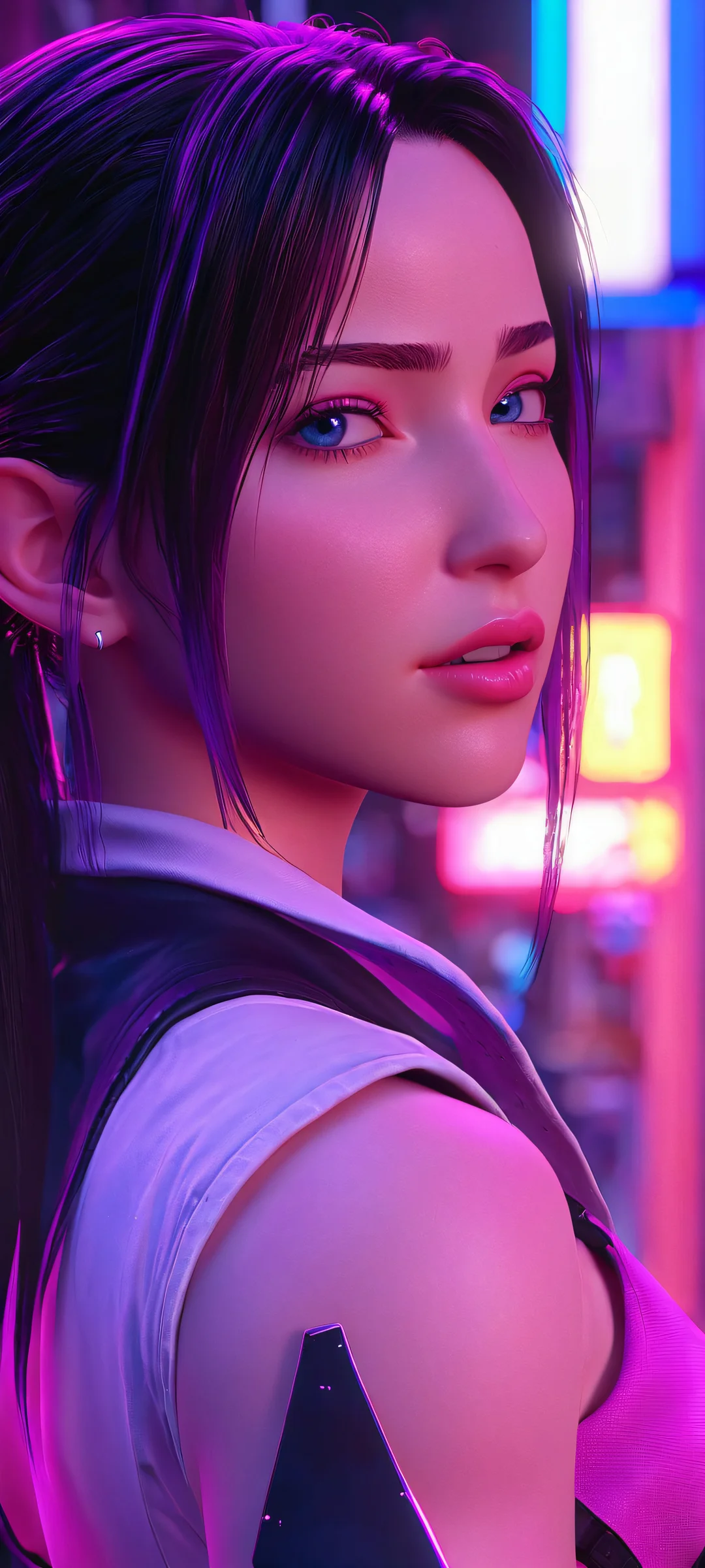 Tifa Lockhart's Neon Night iPhone & Samsung QHD Wallpaper A stunning vertical wallpaper of Tifa Lockhart against a vibrant neon night street scene, optimized for iPhone/Android devices.