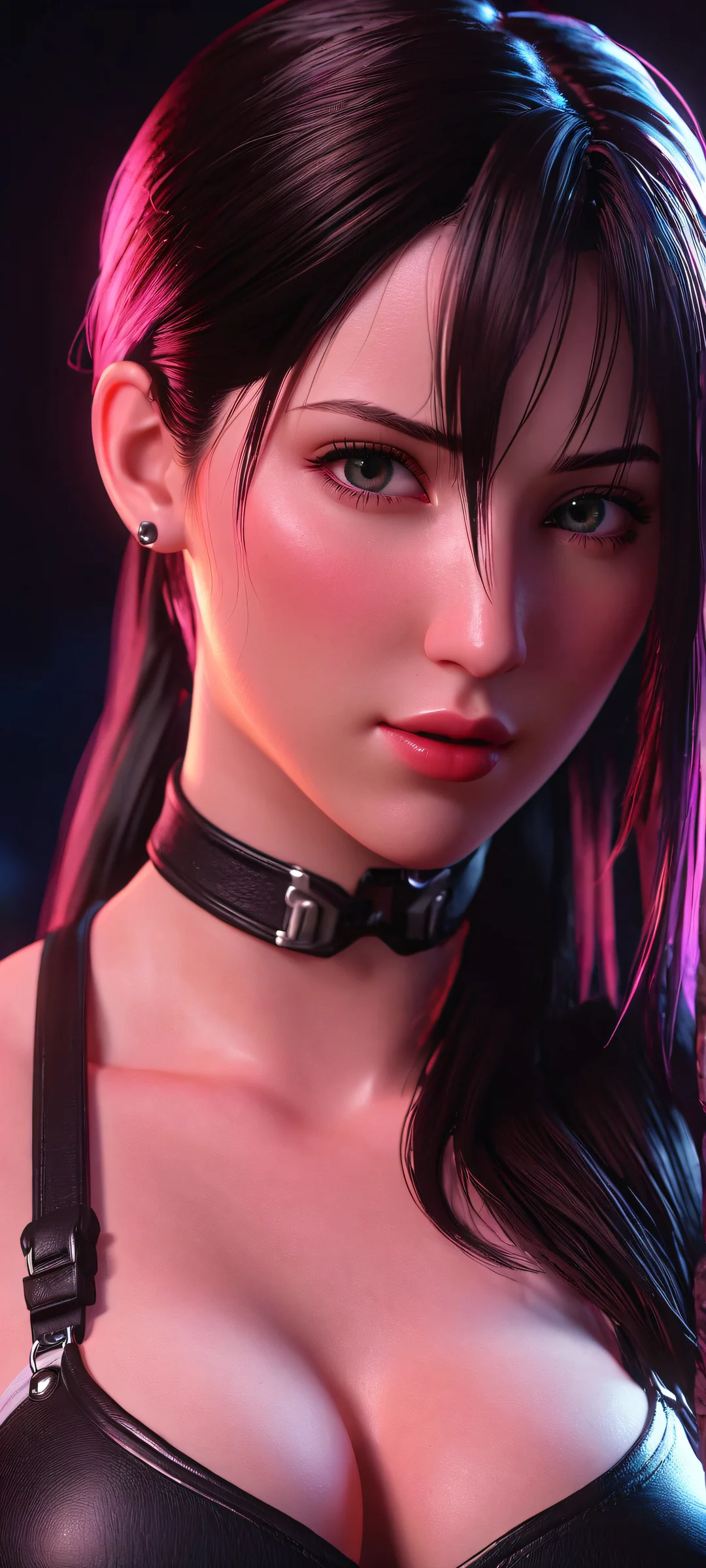 Beautiful digital art of Tifa Lockhart against a dark background, featuring neon colors and depth of field. Perfect for iPhone/Android home screens.
