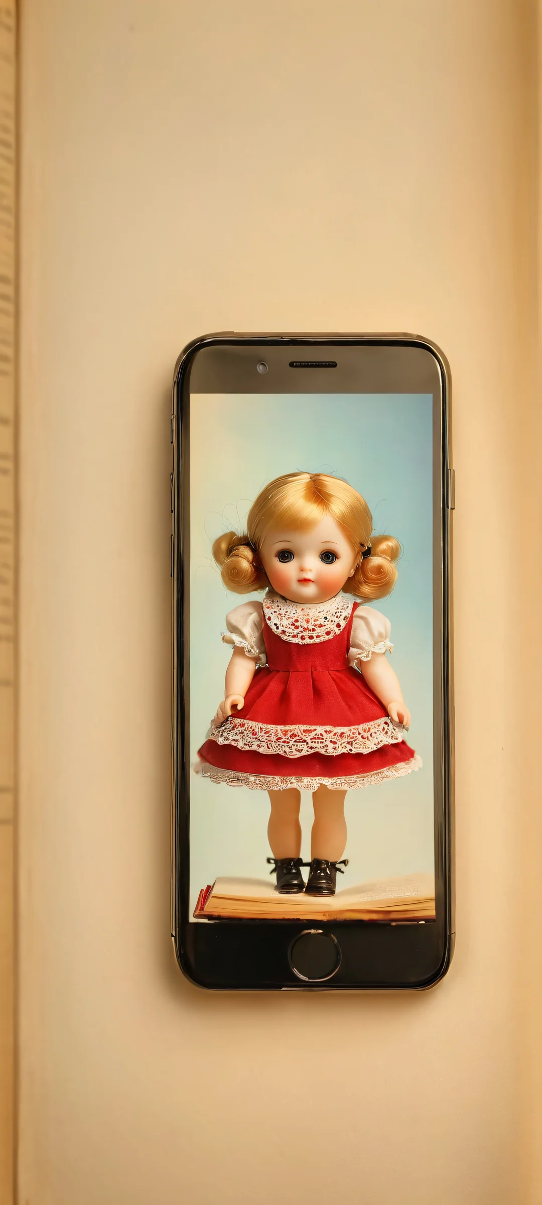 A miniature dollhouse scene with intricate details on a vintage book page background, perfectly sized for iPhone and Android devices.