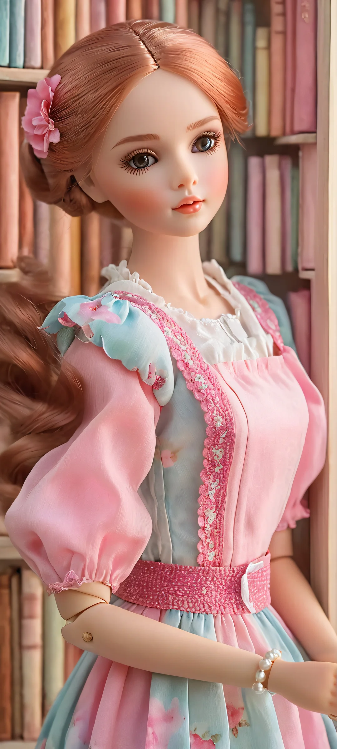 Tiny Treasures 2K QHD Mobile Wallpaper iPhone and Android user's dream wallpaper featuring a beautiful doll surrounded by bookshelves in softbox lighting with muted pastel hues, perfect for your 2K QHD home screen.