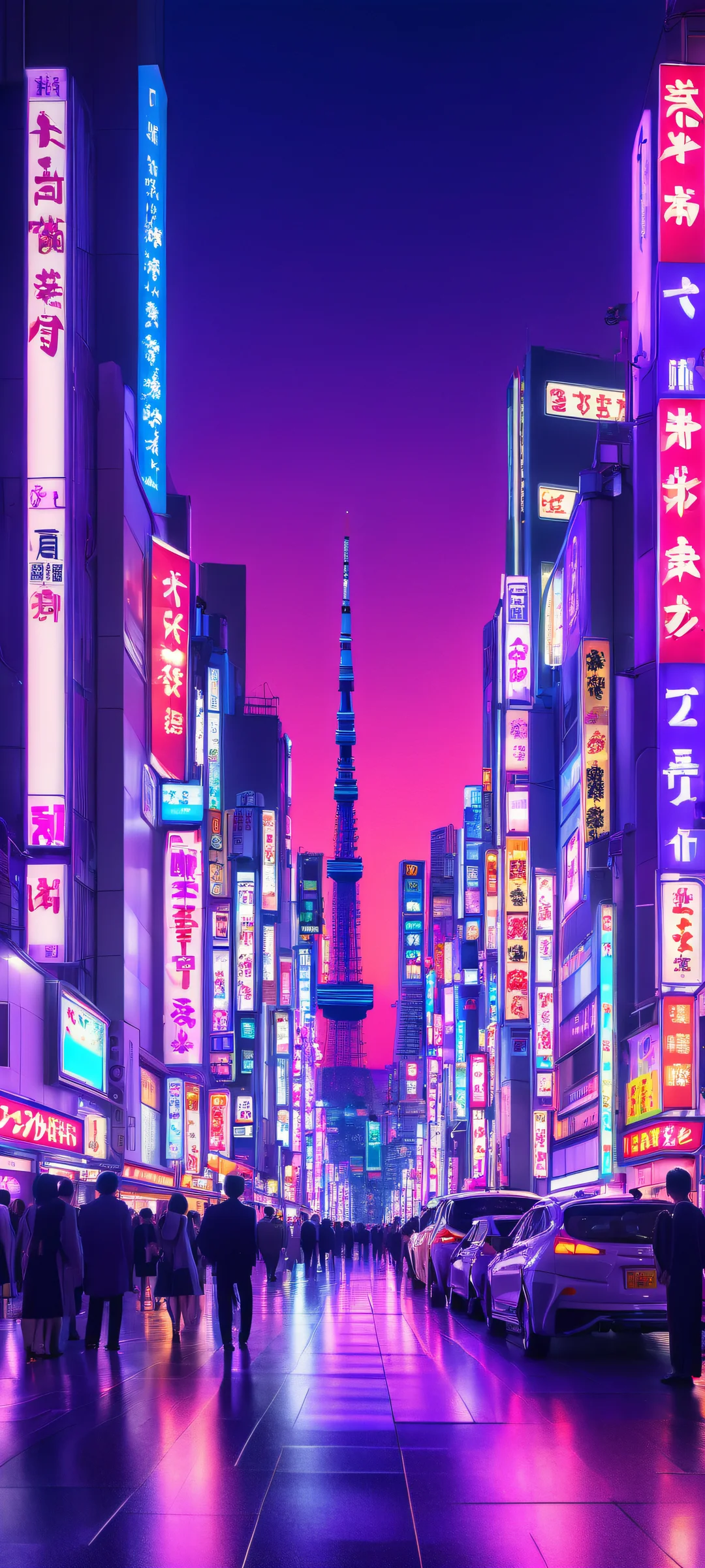 A vibrant Tokyo nightscape on a sleek iPhone/Android screen, with neon lights and retro-futuristic vibes.