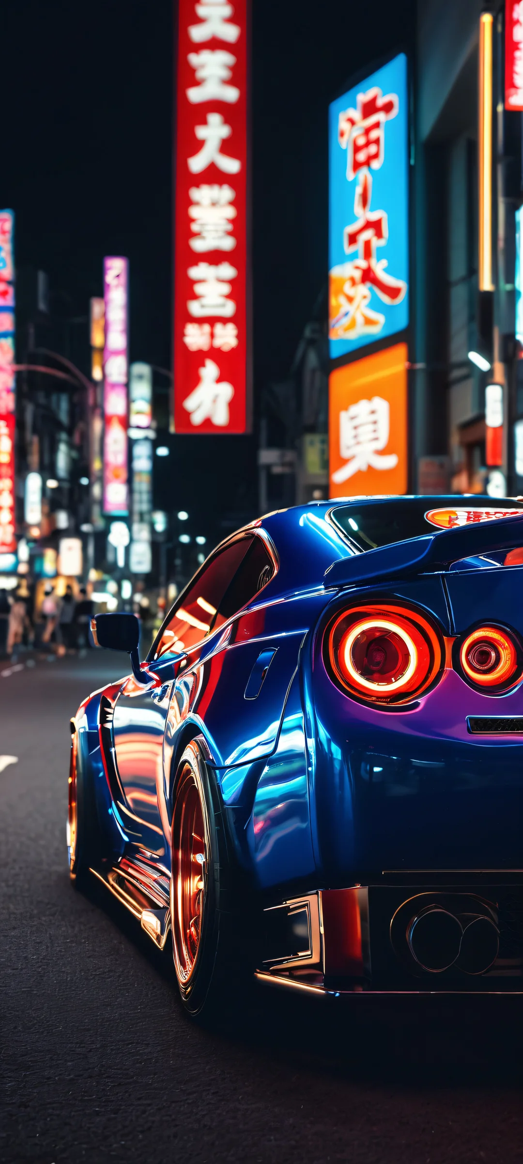 iPhone and Android users will love this breathtaking vertical mobile wallpaper of a JDM car surrounded by vibrant neon signs in the heart of Tokyo at night.