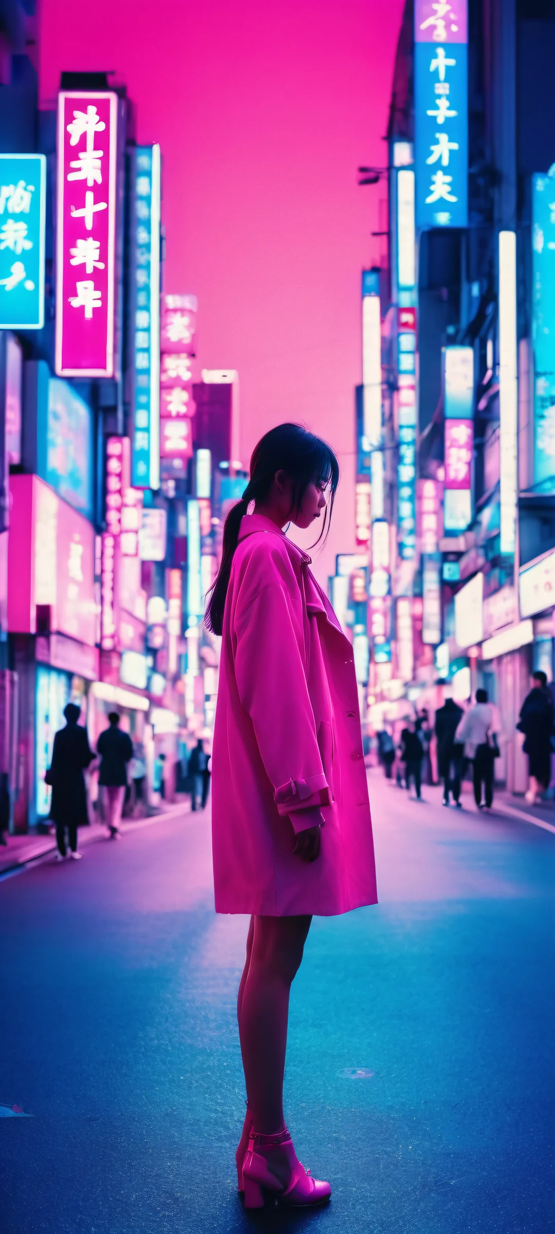 A stunning vertical wallpaper featuring a girl amidst the vibrant neon lights of Tokyo. Perfect for iPhone and Android devices.
