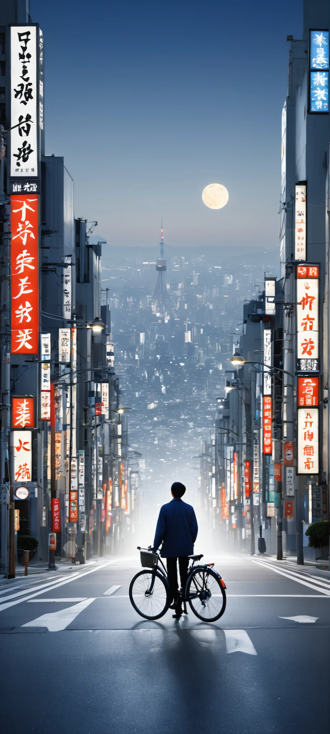 iPhone/Android wallpaper featuring Alex Knight in a stunning urban artwork with Japanese kanji signs, a lone bicycle, and the downtown Tokyo cityscape at night. Perfectly optimized for iPhone, Samsung Galaxy, and Android home screens.