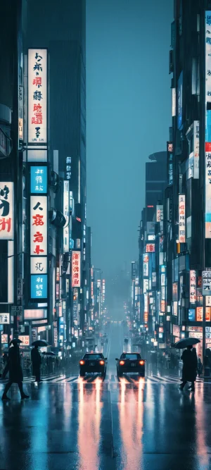 iPhone/Android user, immerse yourself in the moody atmosphere of Tokyo's rainy intersection, with deep blues and rich blacks that will captivate your senses.