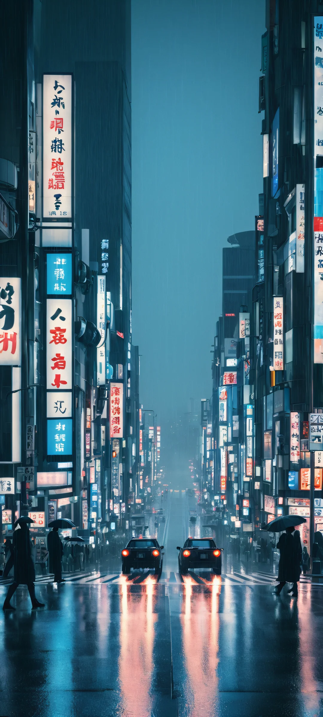 iPhone/Android user, immerse yourself in the moody atmosphere of Tokyo's rainy intersection, with deep blues and rich blacks that will captivate your senses.