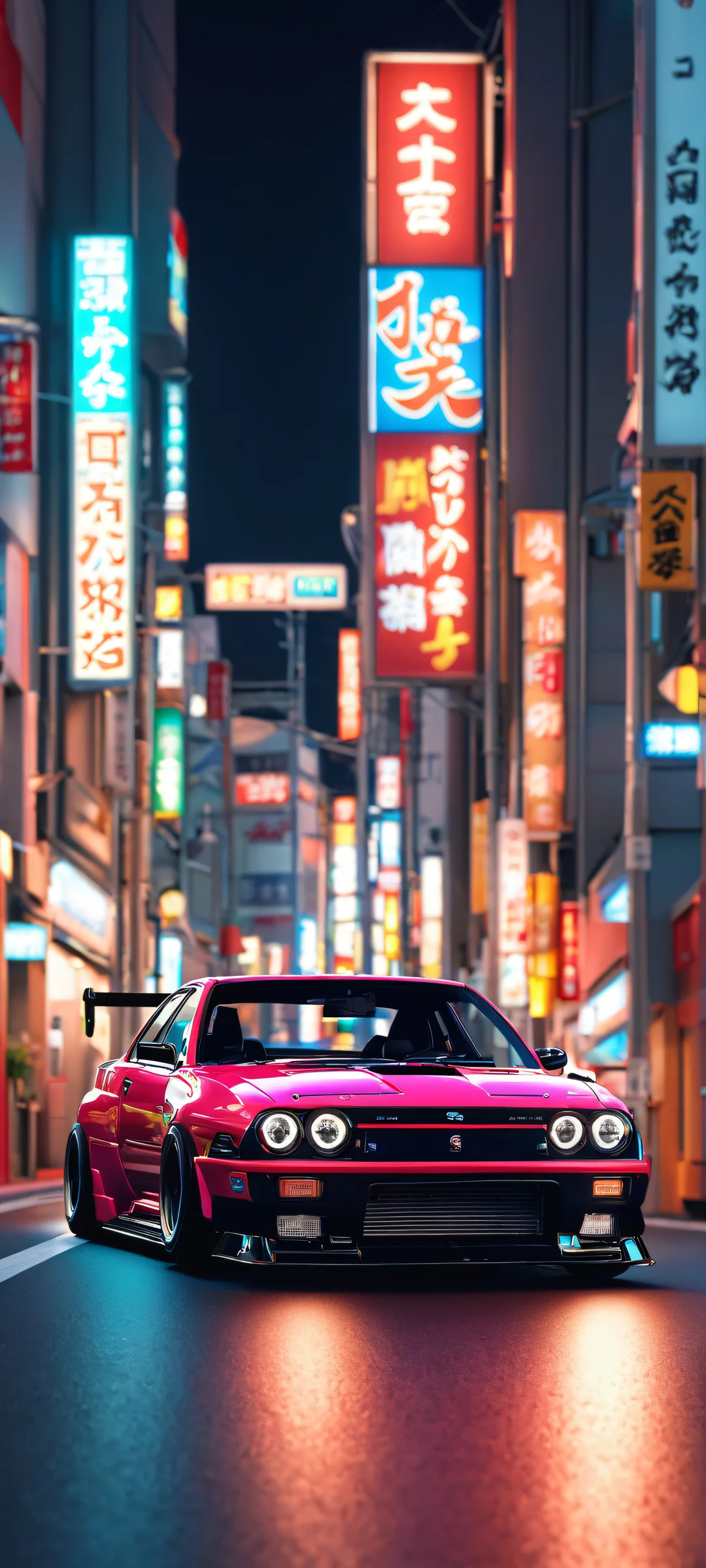 Tokyo Street JDM Car 2K Mobile Background iPhone/Android user, get ready to transform your mobile home screen with this stunning neon-lit Tokyo street scene featuring a beautiful JDM car - perfectly optimized for iPhone and Android!