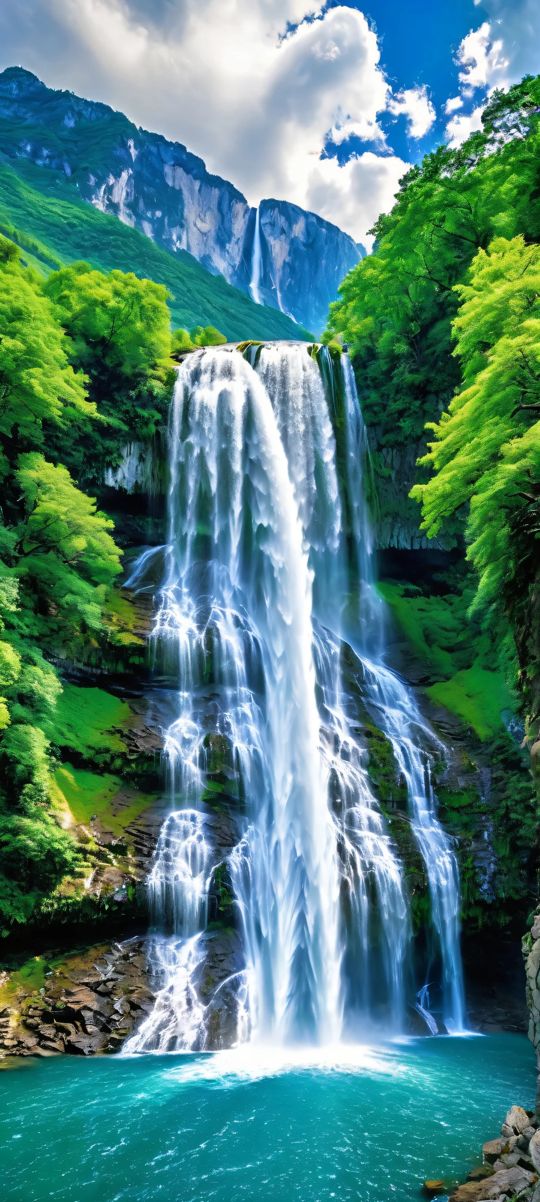 Towering Falls 2K QHD Home Screen Breathtaking waterfall scene on a cloudy day, perfectly optimized for iPhone and Android home screens.