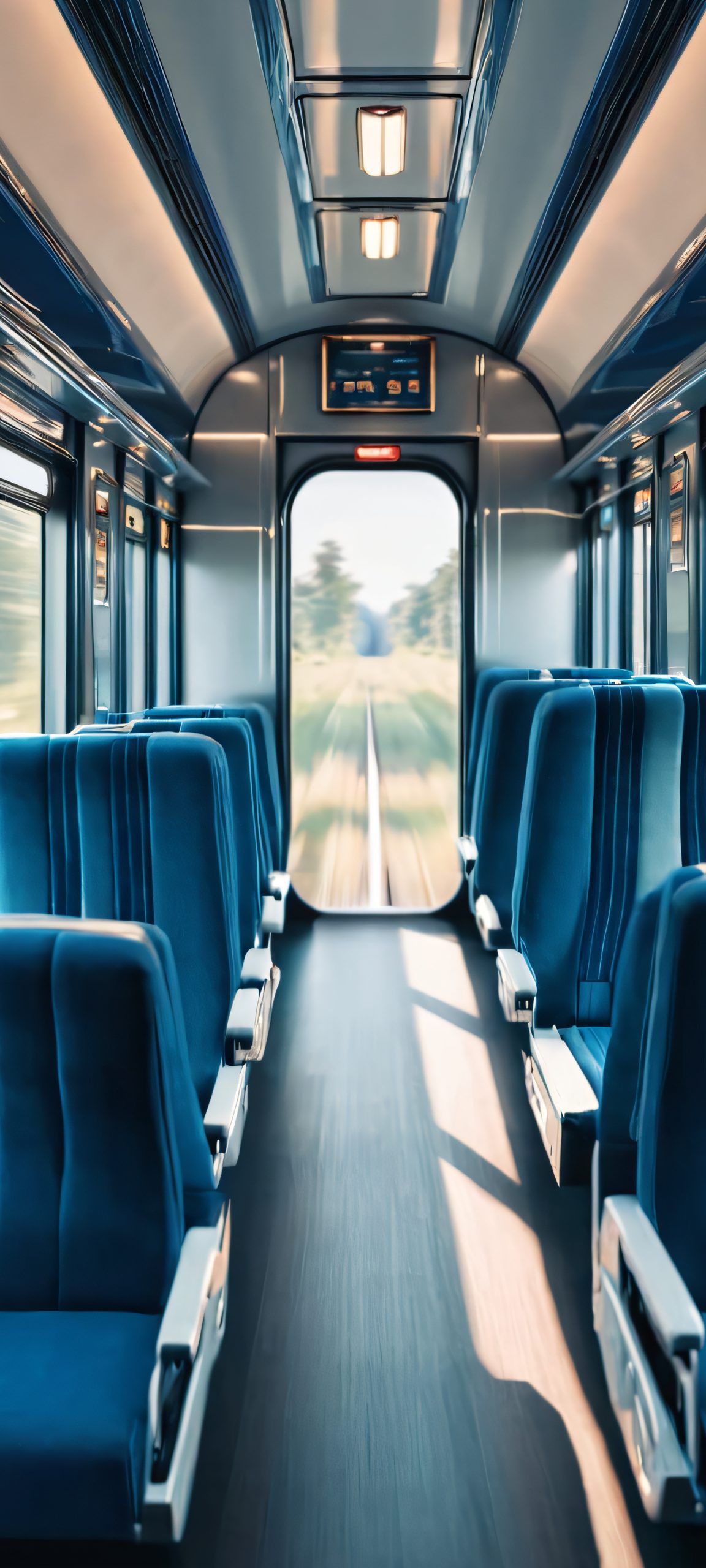 iPhone and Android wallpaper featuring a breathtaking train interior, softly lit with deep blues and soft whites.