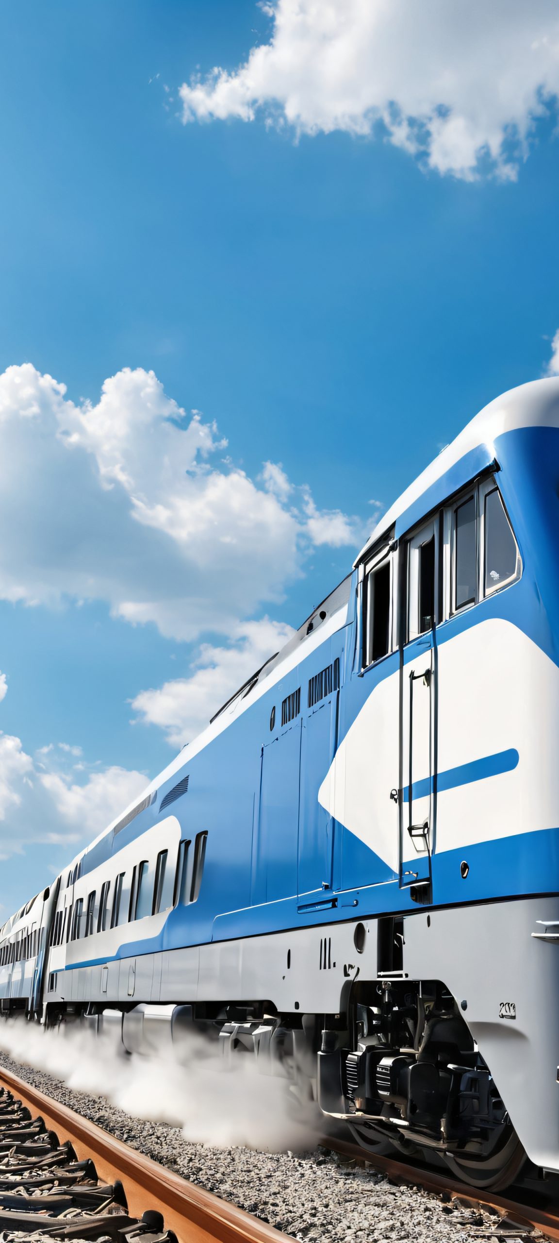 A realistic depiction of a train chugging along the tracks on a bright, sunny day. Perfect for your iPhone or Android home screen.