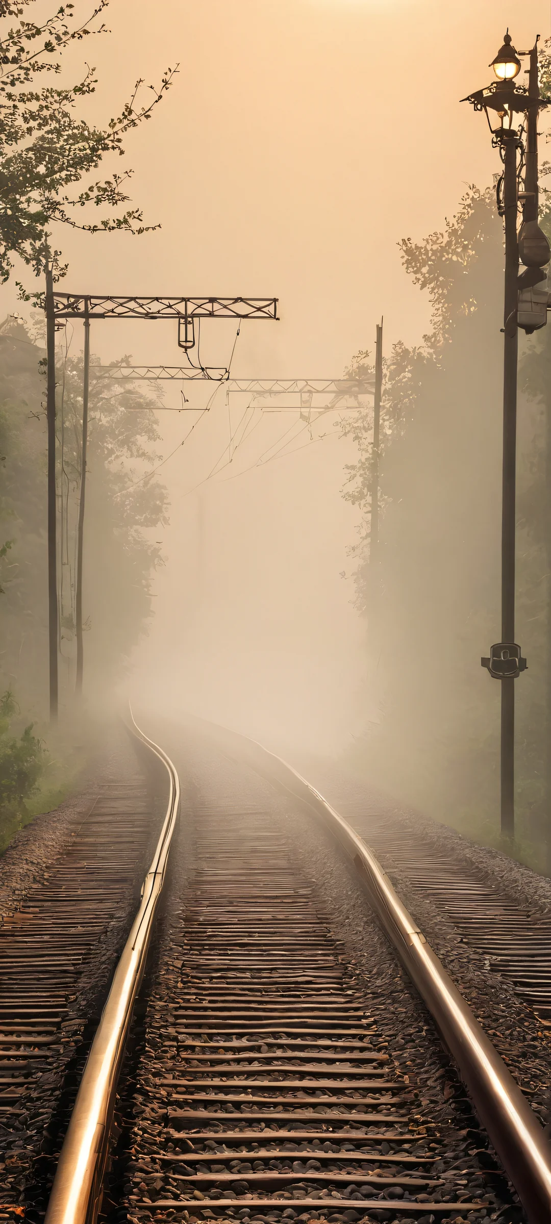 Train Track Escapade Lock Screen for iOS & Android Foggy train tracks landscape on an iPhone/Android phone, perfect for home screens