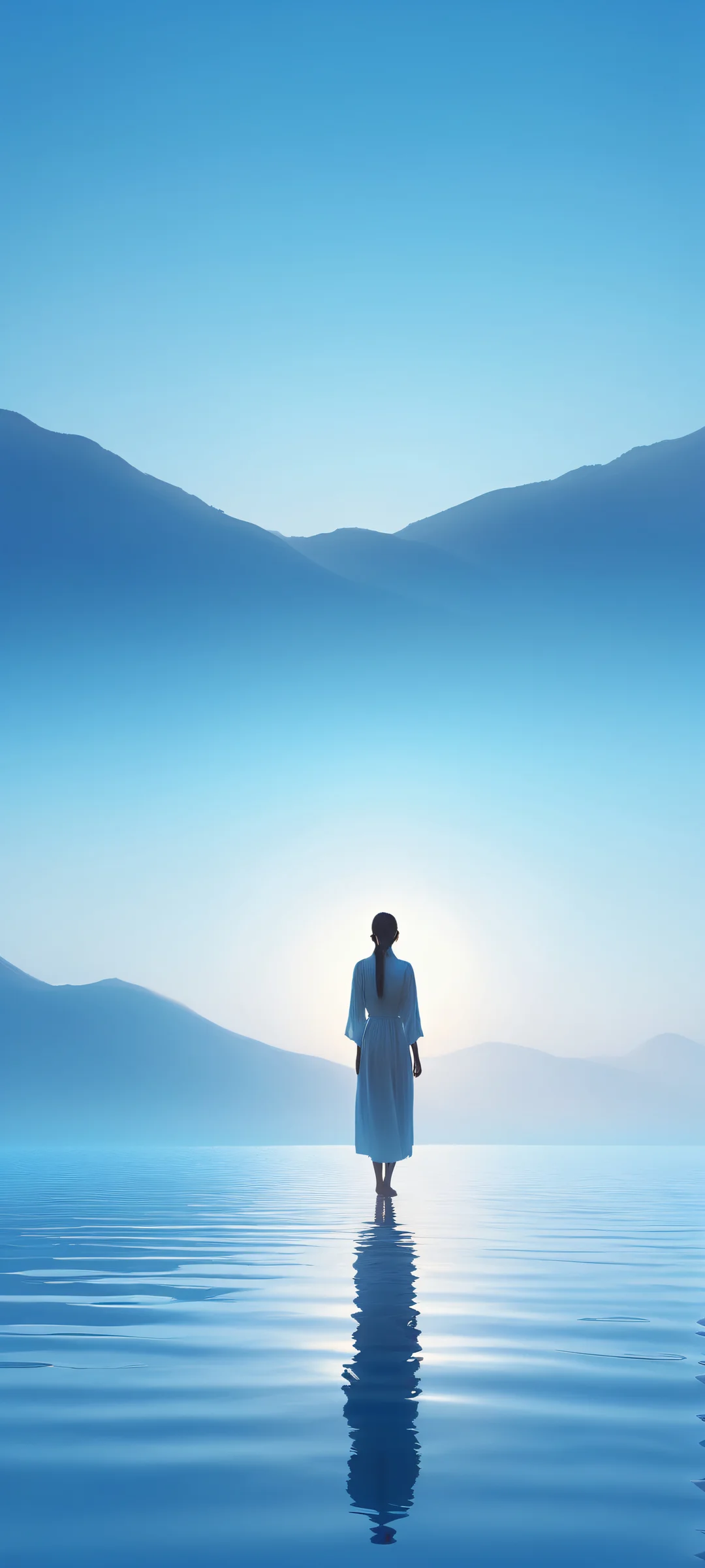 Tranquil Oasis QHD Phone Background A lone figure standing by the serene water's edge, surrounded by an ethereal blue and white gradient, perfect for your iPhone or Android home screen.