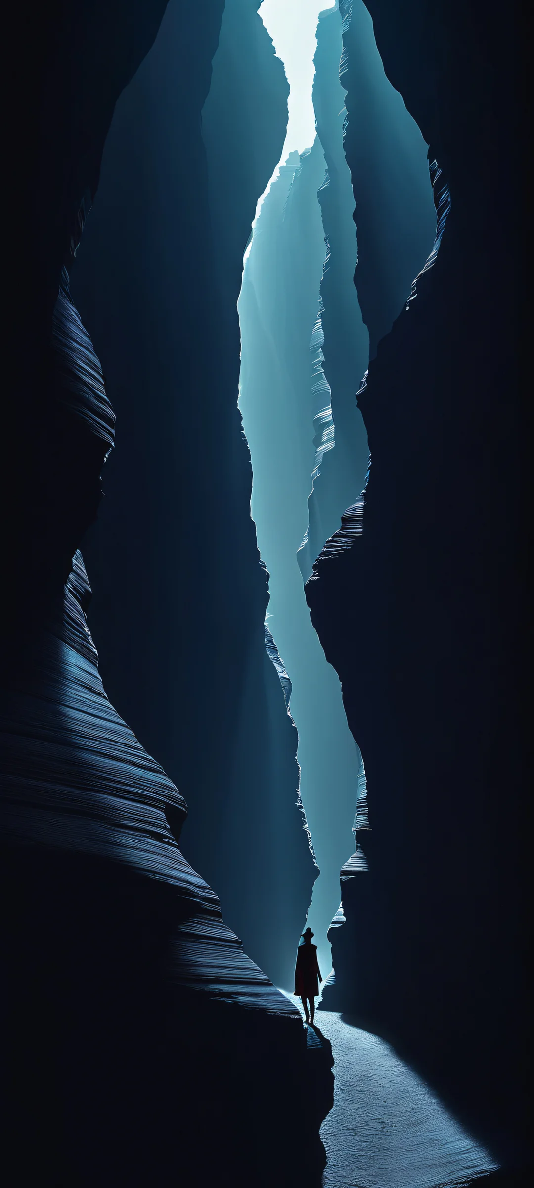 A surreal, cinematic wallpaper featuring a translucent figure amidst the haunting beauty of a dark canyon. Perfect for iPhone or Android home screens.