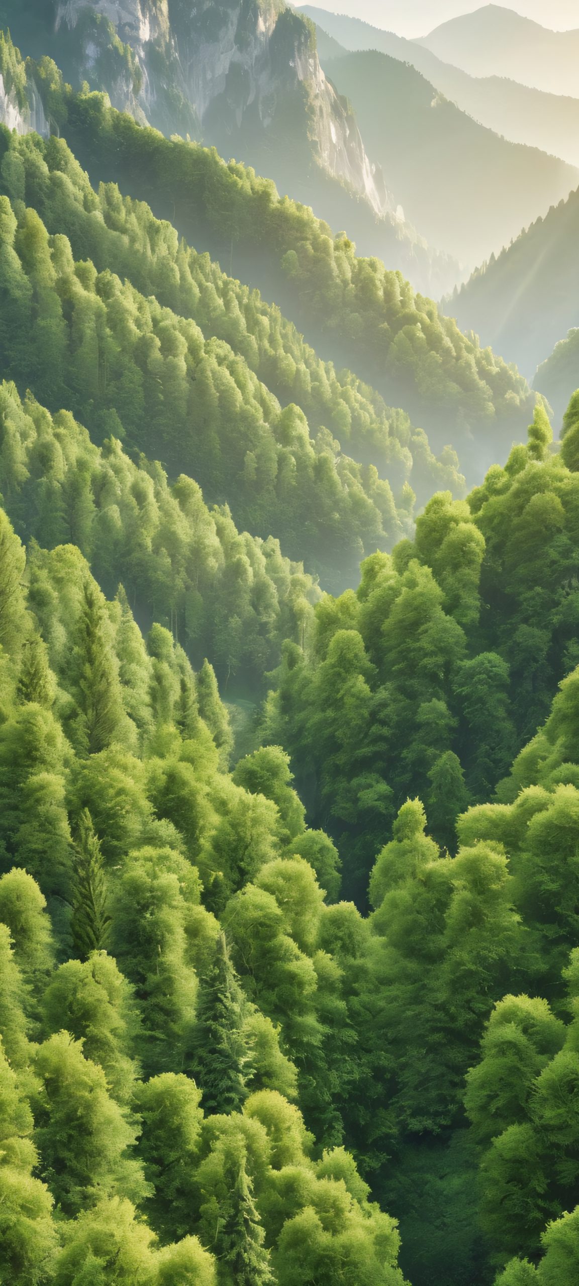 Stunning vertical landscape of a serene tree grove, perfect for iPhone and Android home screens, featuring soothing green and brown hues.