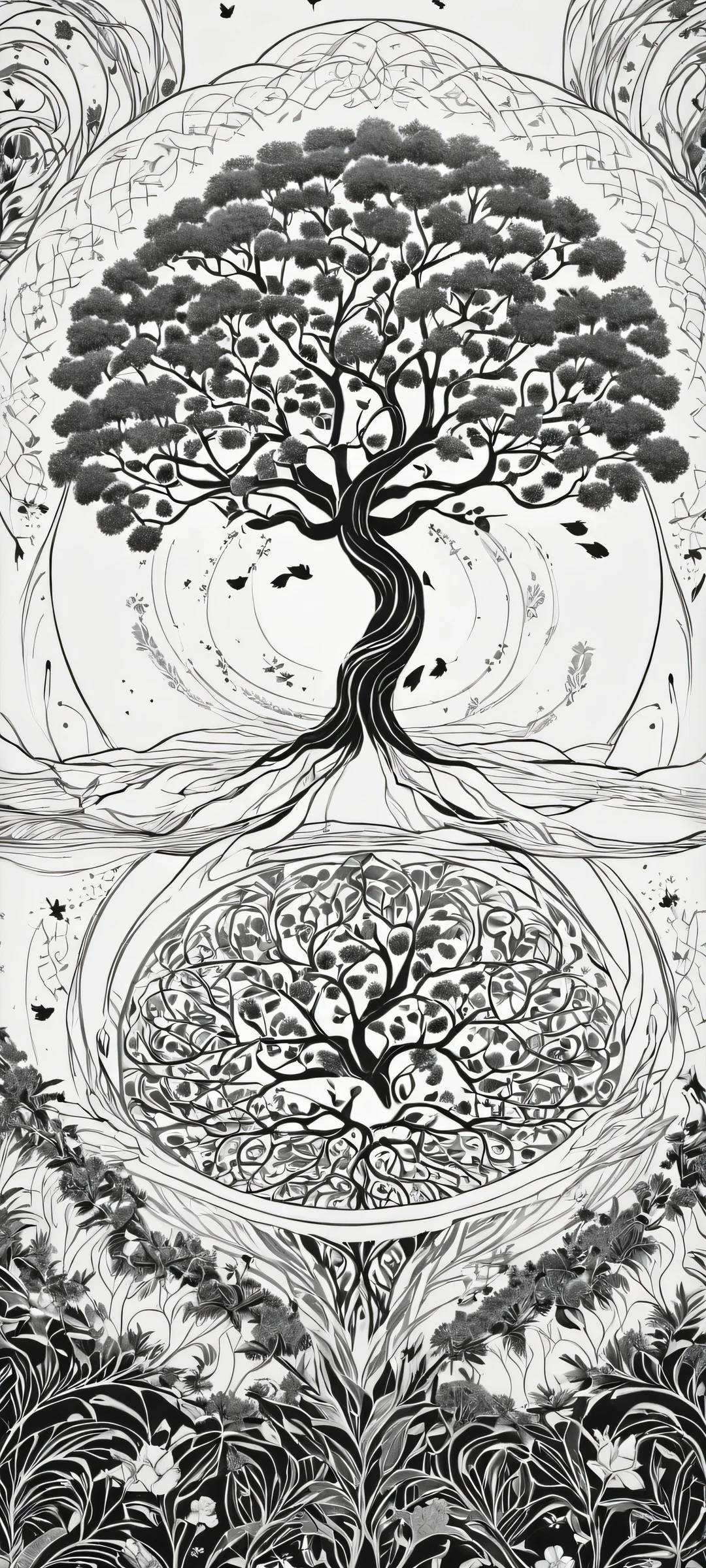 Galaxy tree line art wallpaper for iPhone and Android, perfect for home screens