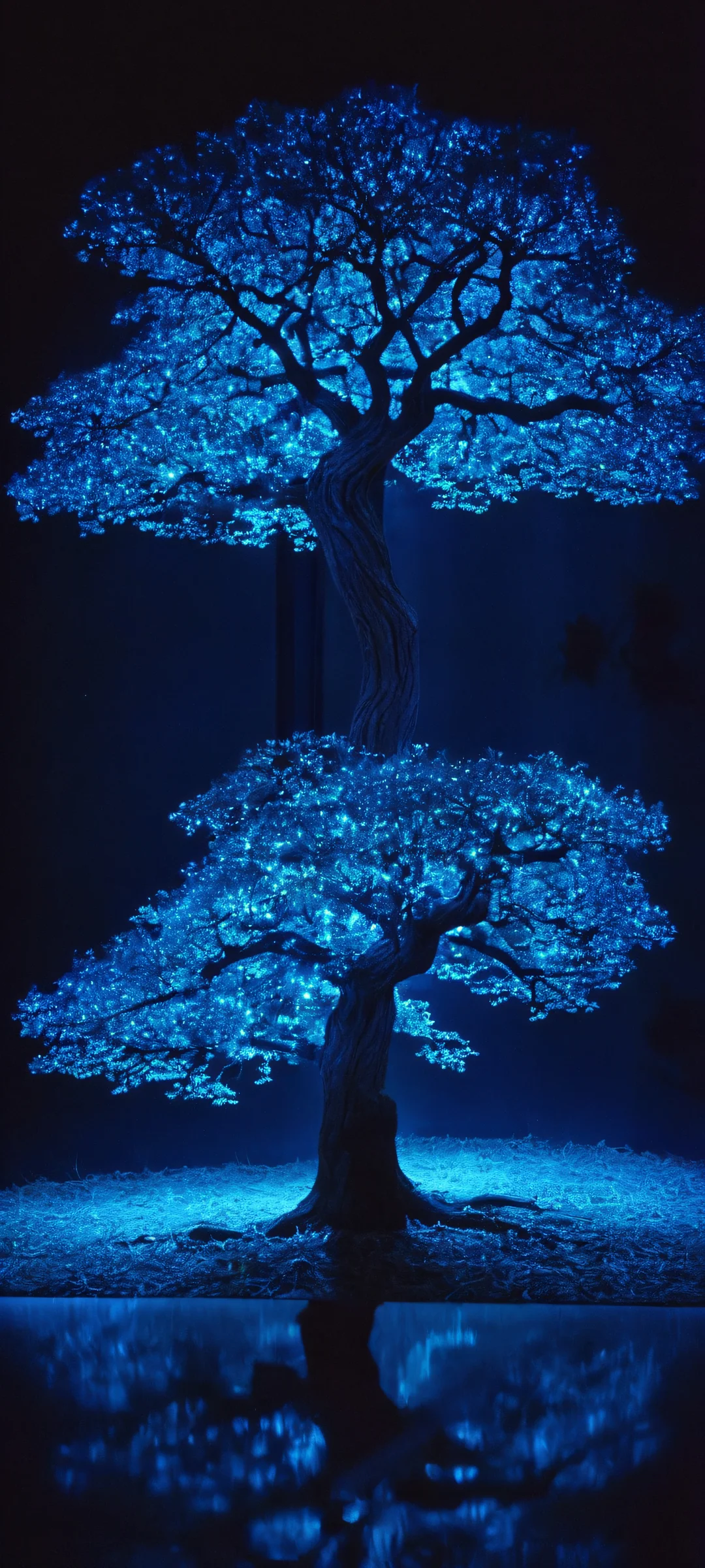 iPhone/Android wallpaper of Tree of Life, Dark Bar, Glowing, Dimmed, with Neon Blue tone, perfect for mobile home screens.