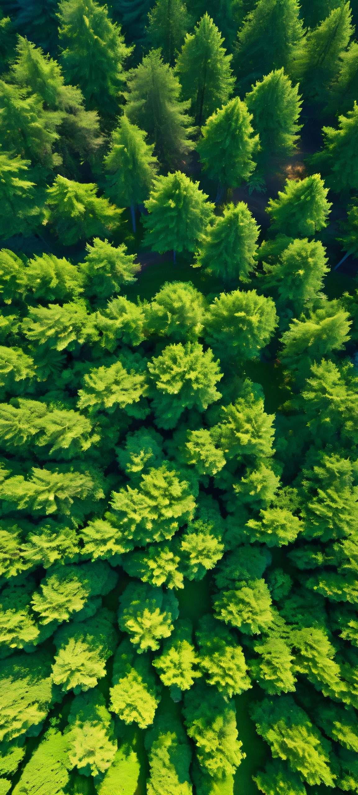 Beautiful aerial view of a serene forest, perfectly suited for iPhone and Android devices. Soothing greens and browns blend with subtle blues and golden hues.