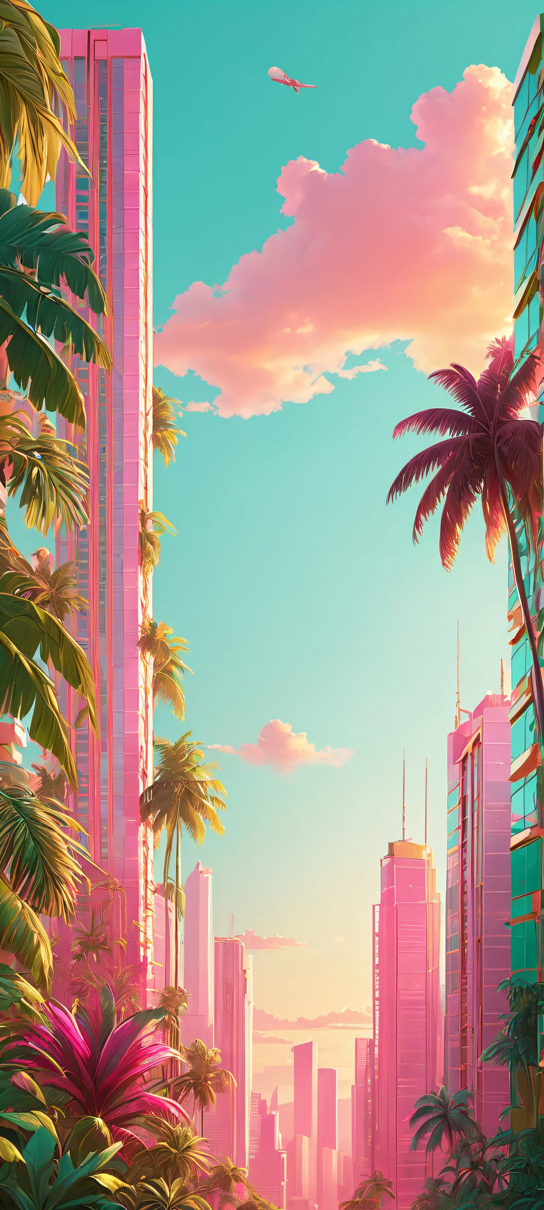 Breathtaking vertical iPhone/Android wallpaper of a tropical jungle during golden hour, featuring lush greenery and vibrant flowers.