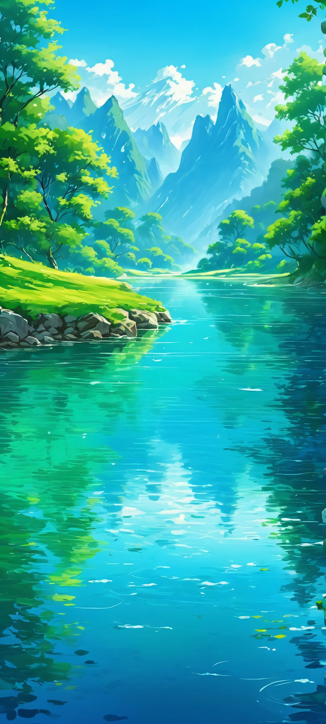 Tropical Oasis 2K Phone Wallpaper A serene digital painting of a tropical landscape with green and blue hues, perfect for iPhone/Android home screens.