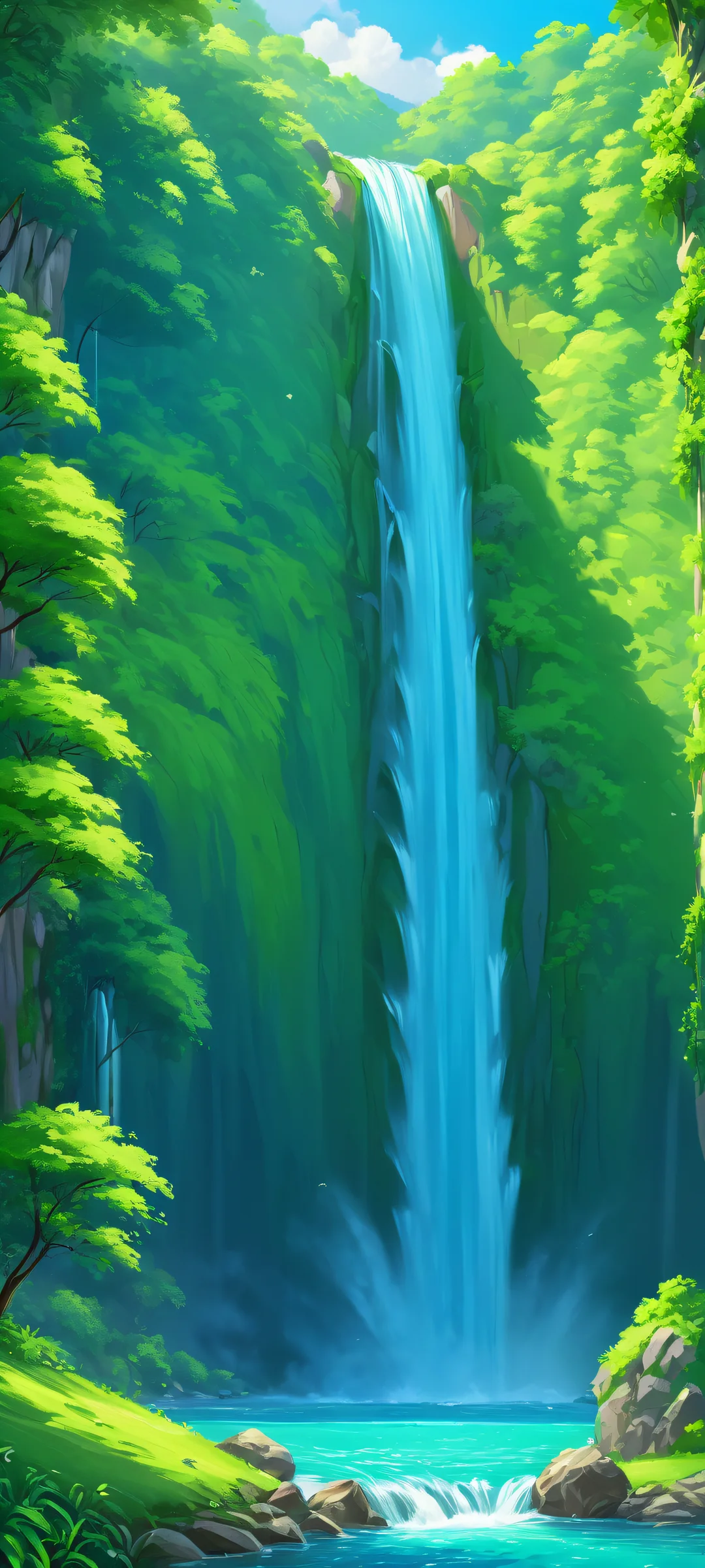Beautiful digital painting of a serene waterfall in a lush green landscape, perfectly suited for iPhone/Android screens.