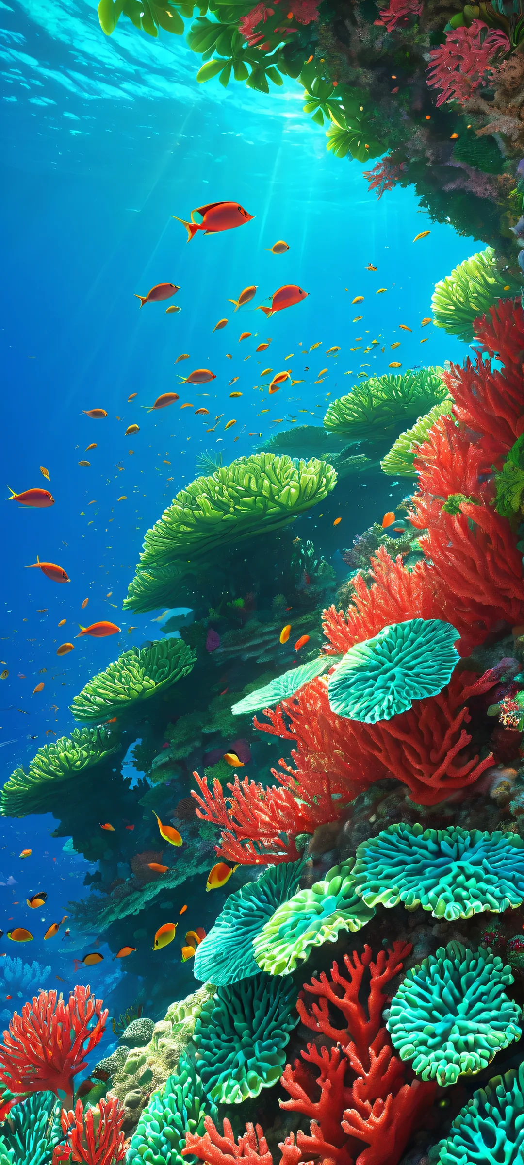 Beautiful tropical reef landscape on iPhone/Android mobile phone wallpaper, featuring vibrant coral and turquoise waters.