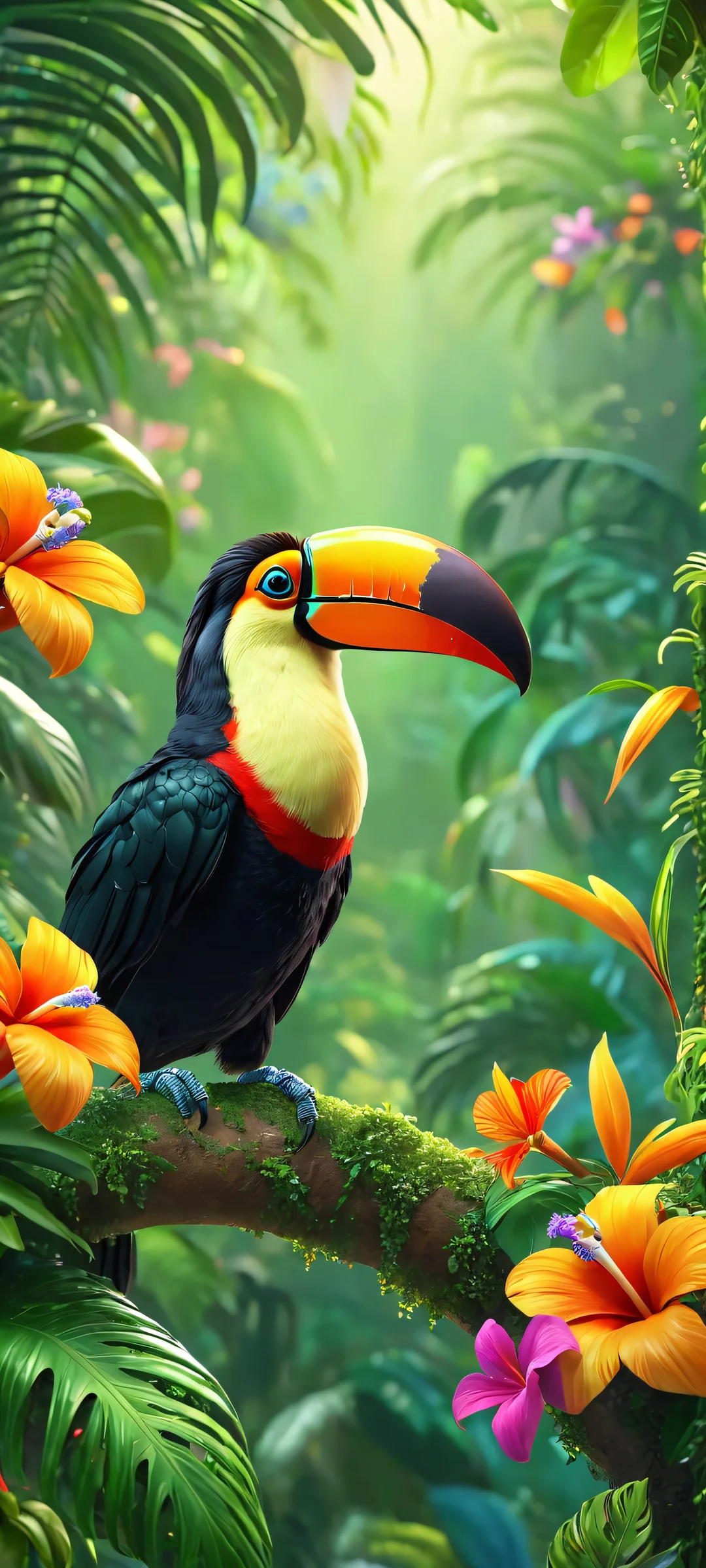 A majestic tucan bird perched amidst vibrant flowers and lush foliage, perfect for iPhone/Android home screens.