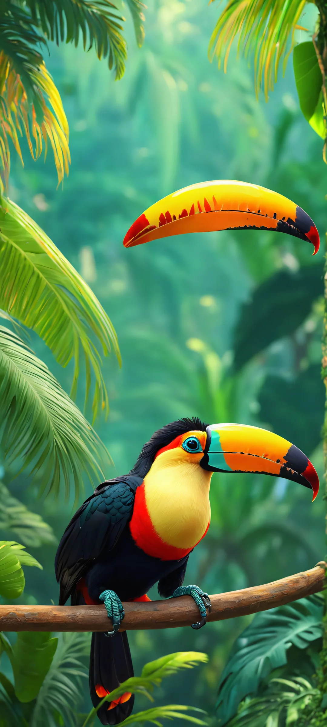 A stunning vertical mobile wallpaper featuring a majestic Tucan bird amidst lush jungle foliage, perfectly optimized for iPhone/Android home screens.