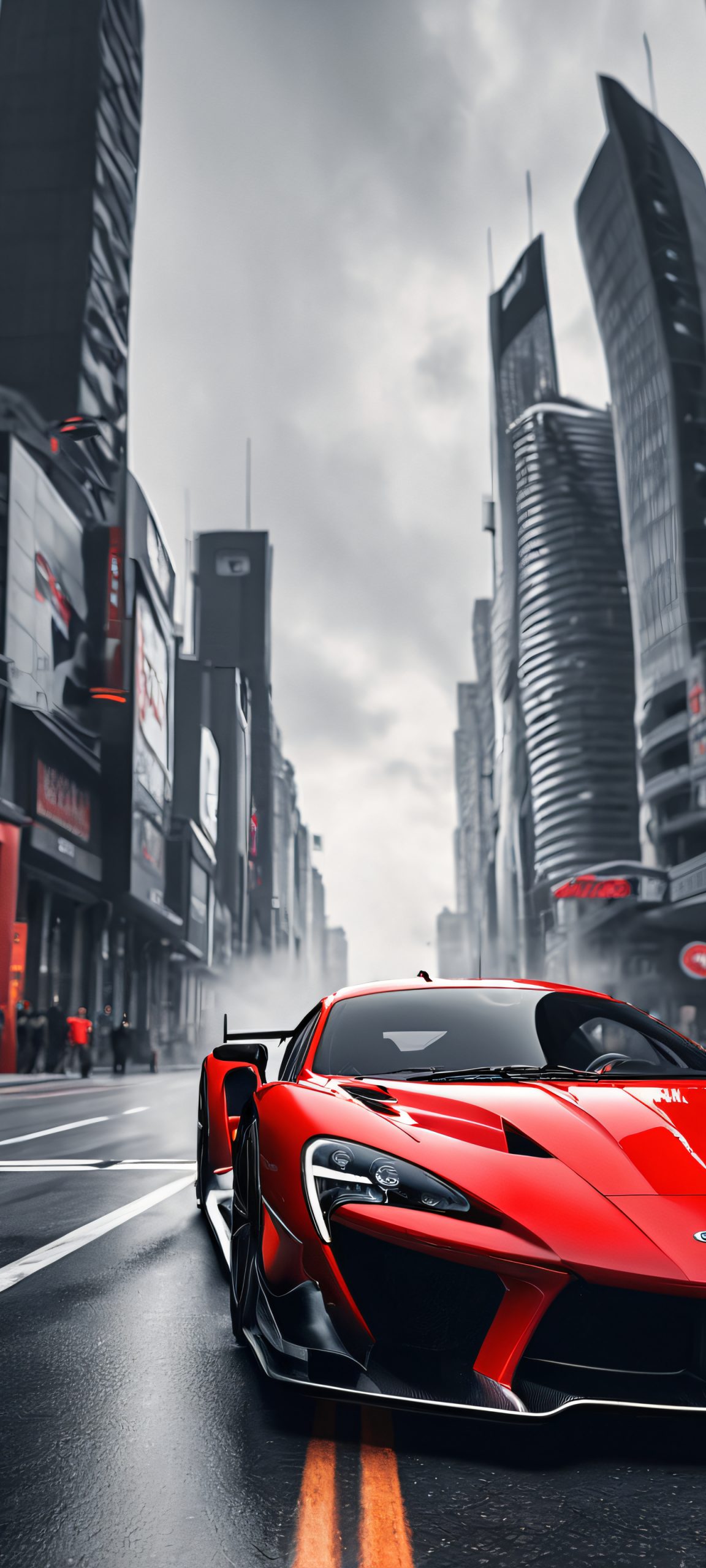 A thrilling mobile wallpaper featuring a racing car speeding down a city street, perfectly optimized for iPhone, Samsung Galaxy, and Android home screens.