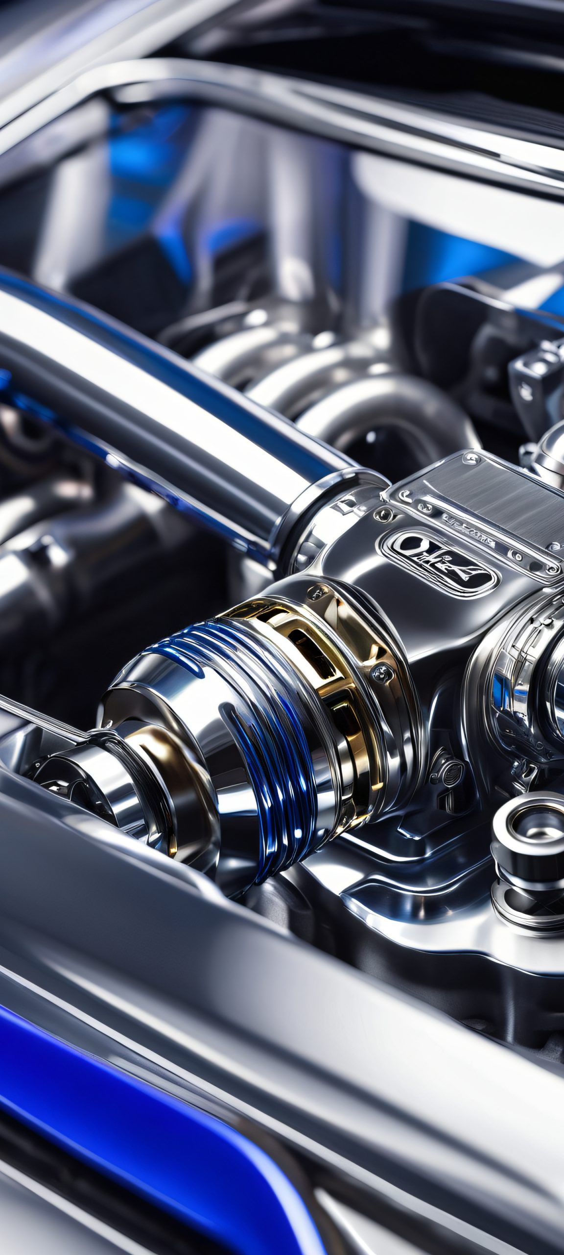Turbocharged Masterpiece Aesthetic Phone Wallpaper iPhone and Android users, behold the beauty of a turbocharged engine bay. Metallic silver and deep blue hues come together in perfect harmony.