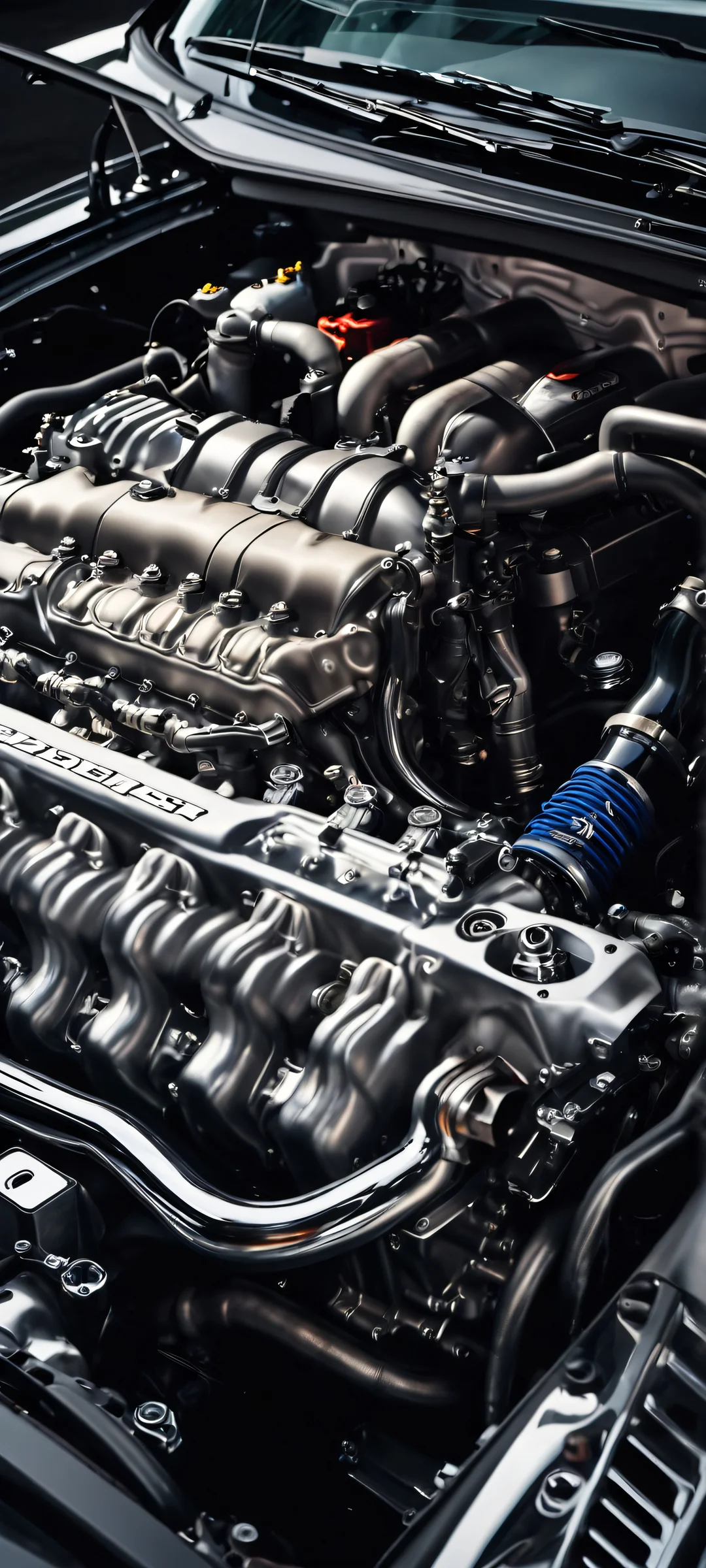 Turbocharged Powerhouse 2K QHD Home Screen Explore the intricate details of a car engine bay in this stunning vertical mobile wallpaper, perfect for your iPhone/Android home screen.