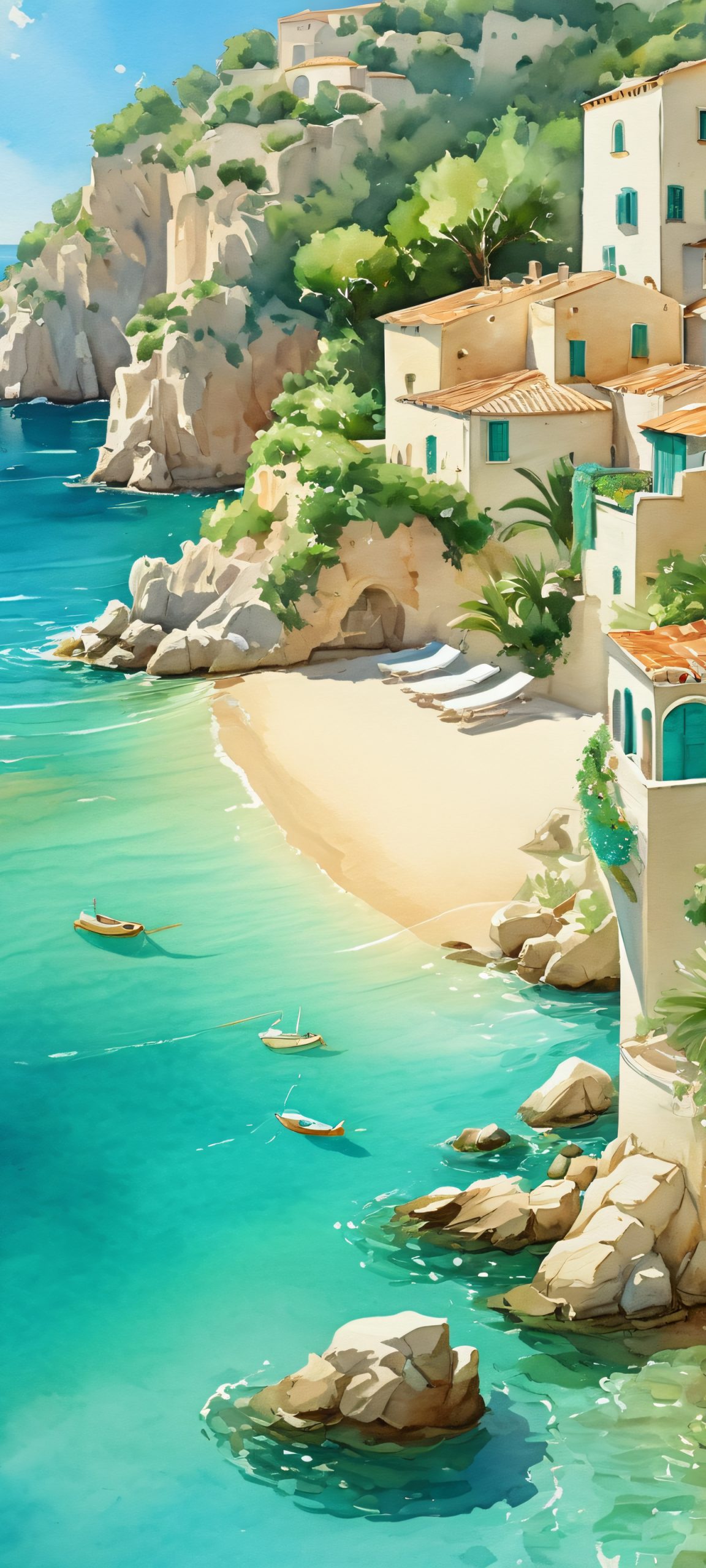 A stunning vertical wallpaper featuring a turquoise coast with a mediterranean vibe, perfect for iPhone and Android home screens.