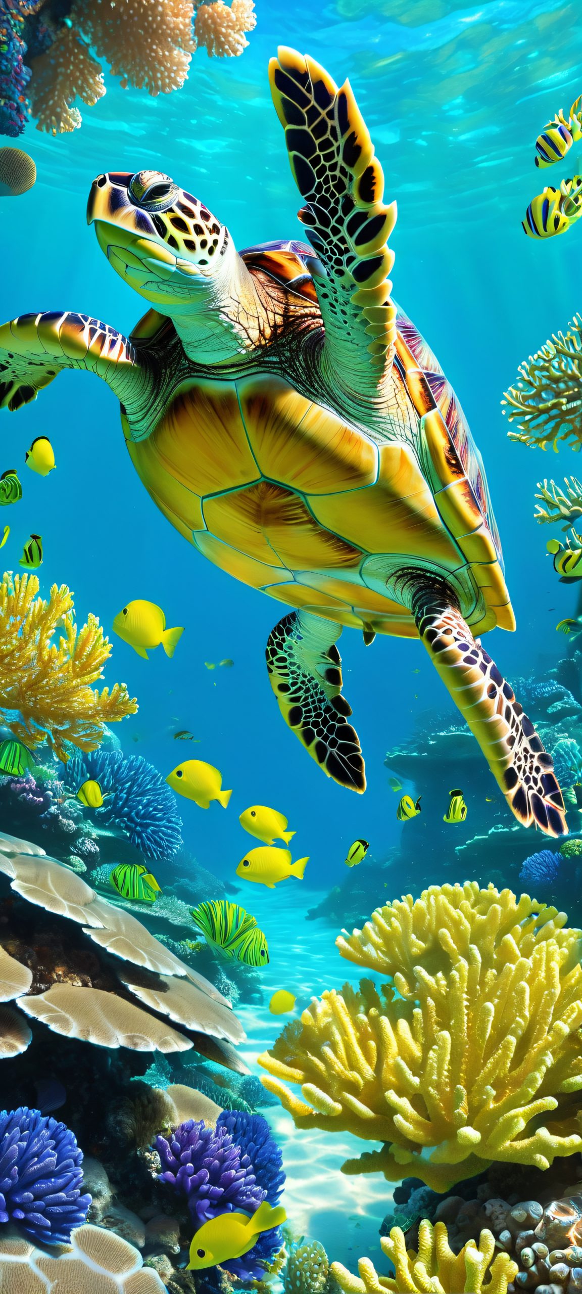 A stunning iPhone/Android wallpaper featuring a turtle swimming amidst a vibrant coral reef, perfect for your mobile home screen.